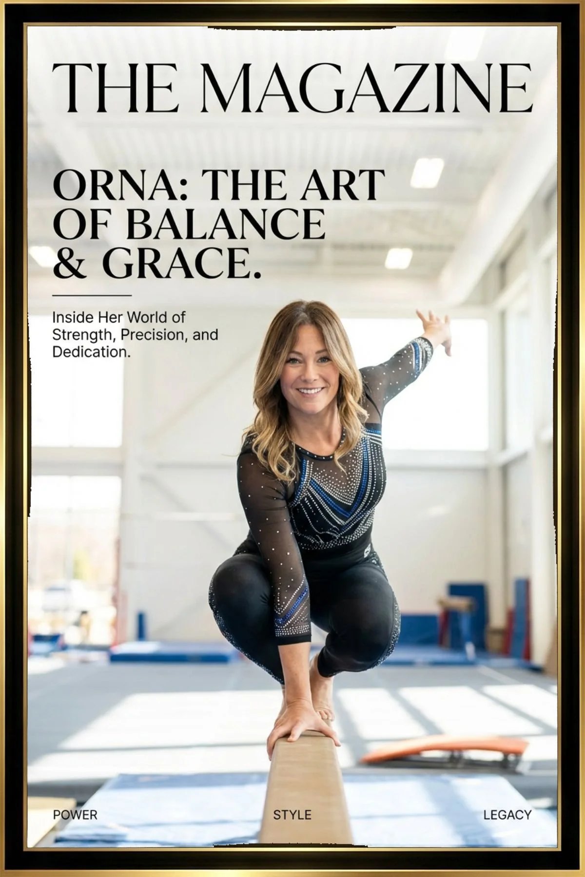 Cover of a magazine featuring a woman balancing on a gymnastics beam in a gymnasium, with text about Orna, emphasizing art, balance, and grace.
