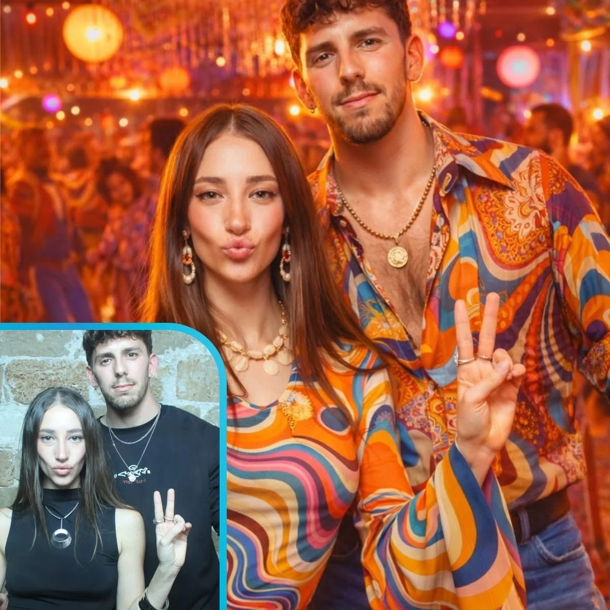 Colorful party scene with a young man and woman taking a selfie. The woman is making a duck face while the man is giving a peace sign. Inset shows the same woman and man in casual attire, posing against a stone wall.