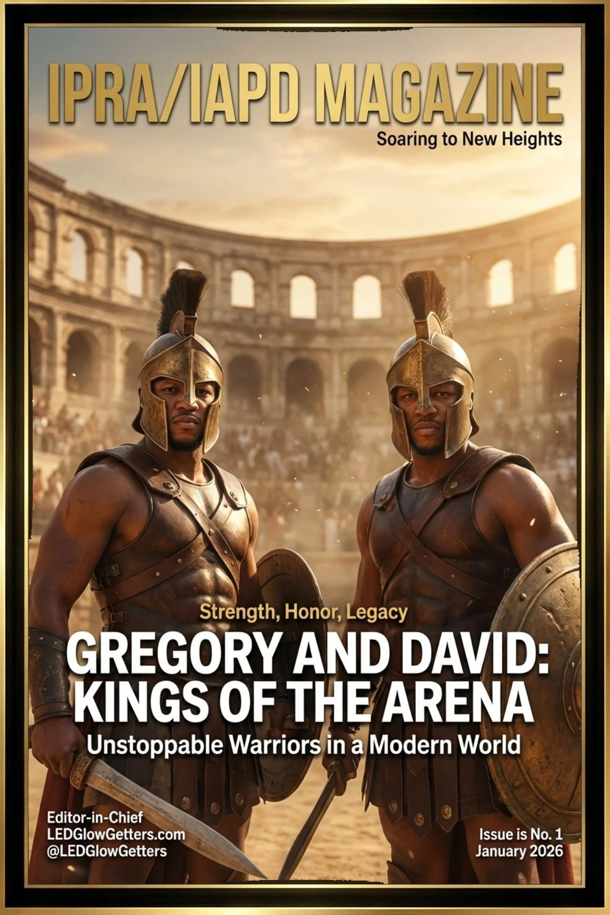 Cover of IPRA/IAPD Magazine featuring two Roman soldiers in armor holding shields and swords, standing in an arena with a crowd in the background. Title reads 'Gregory and David: Kings of the Arena', with subtitles 'Strength, Honor, Legacy' and 'Unst
