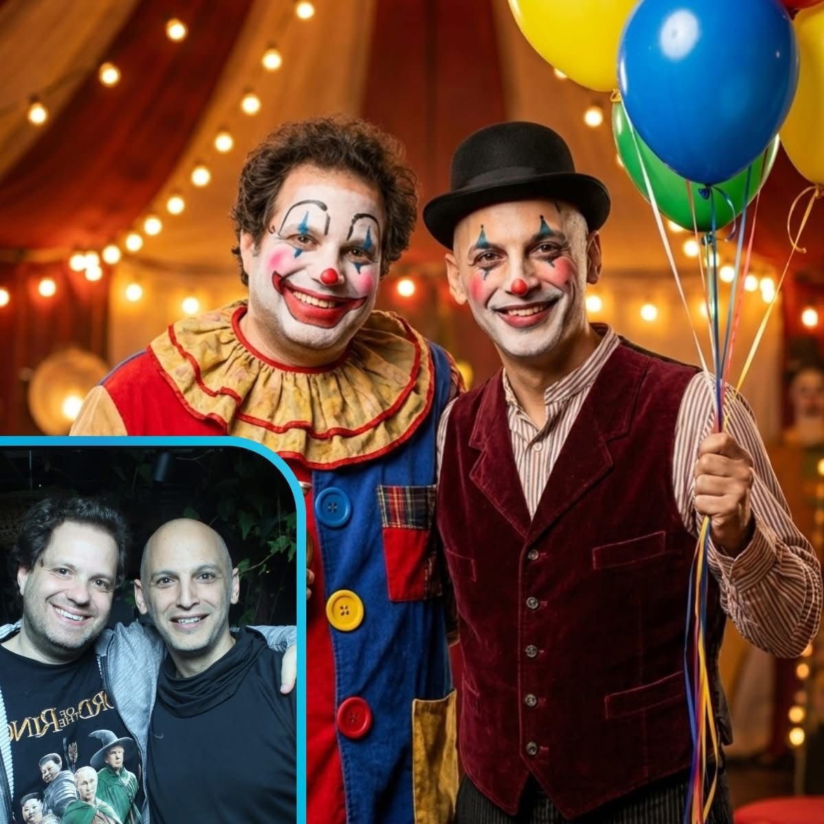 Two men dressed as clowns smiling at a party, one holding colorful balloons. The background features warm string lights and a festive setting.