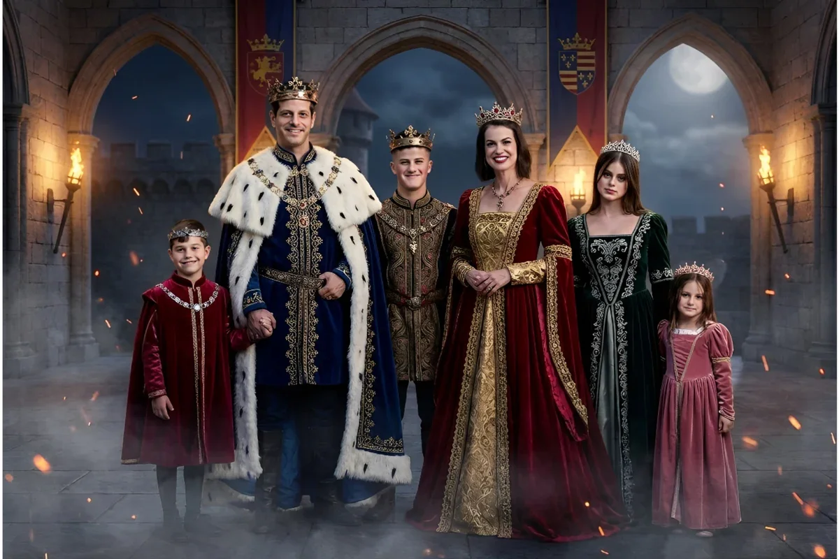 Royal family dressed in medieval costumes posing for a royal portrait under castle arches with torches lighting the scene.
