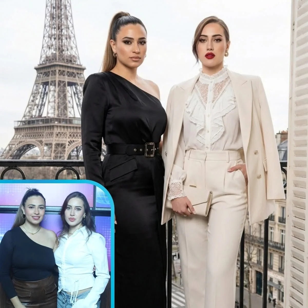 Two women standing on a balcony with the Eiffel Tower in the background. One woman is wearing a black outfit with a belt, while the other is dressed in a white suit with lace details. There is a smaller inset image of the same women posing together i
