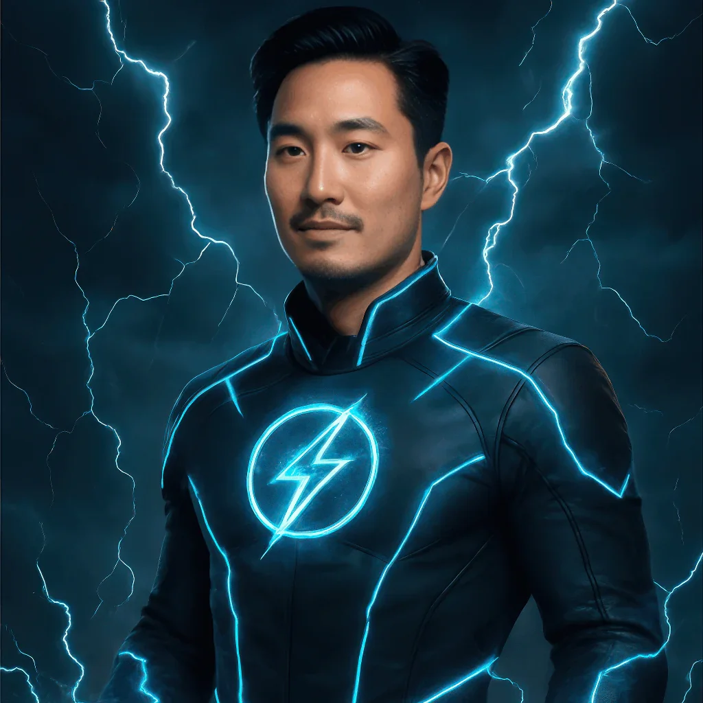 A man in a superhero costume with a glowing lightning bolt symbol on his chest, standing in front of a dark, stormy background with lightning.