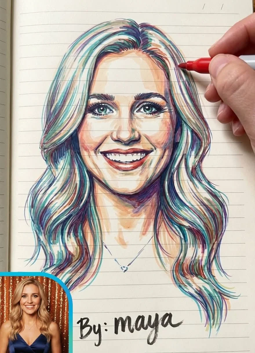 Colorful hand-drawn portrait of a woman with long wavy hair and a big smile, on a lined notebook page, with the text "By: Maya" and a small photograph of a woman with blonde hair in the bottom left corner.