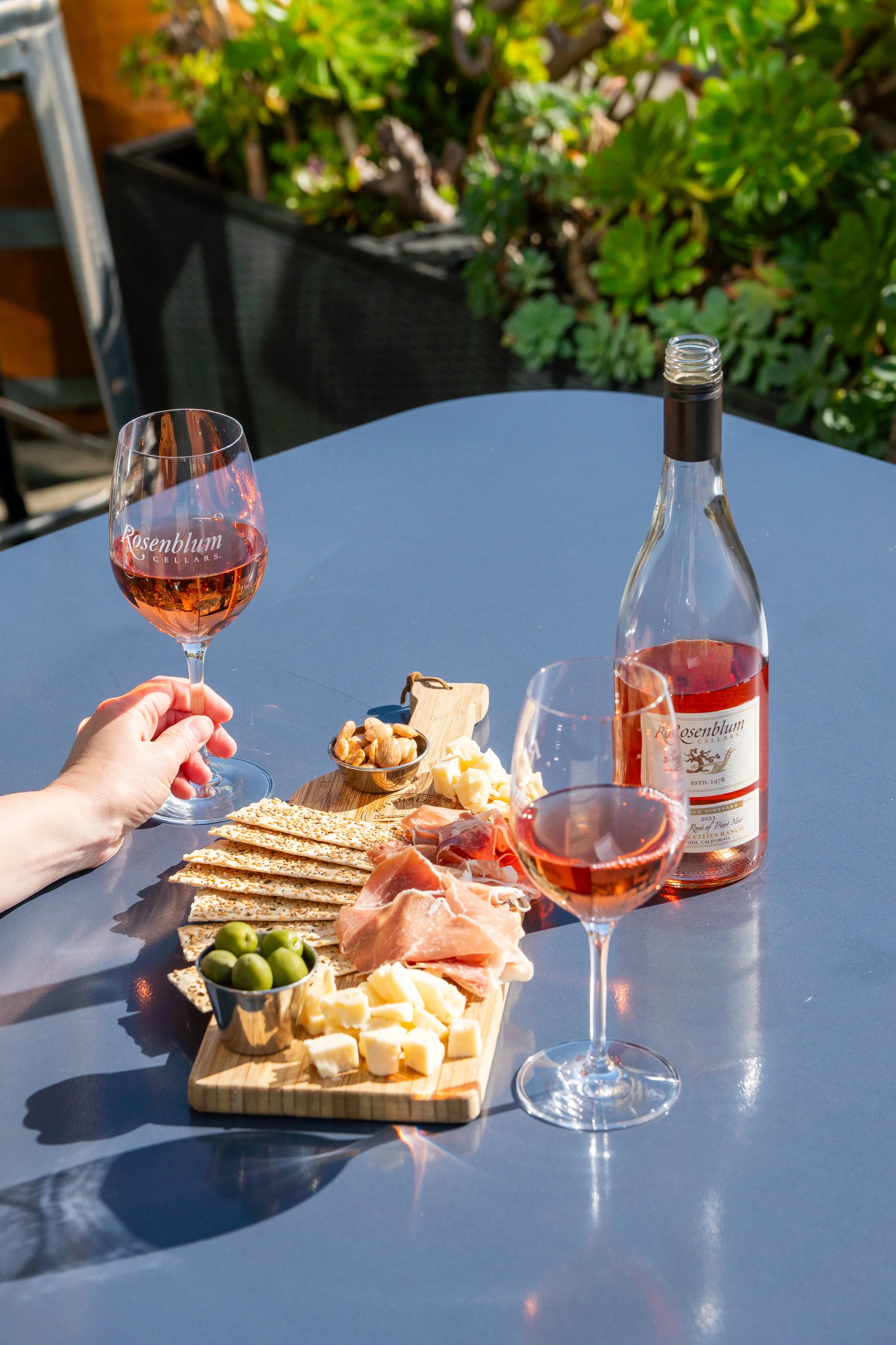 Outdoor table with a cheese and charcuterie board, glasses of rosé wine, a wine bottle, and small dishes of olives and nuts, with greenery in the background.