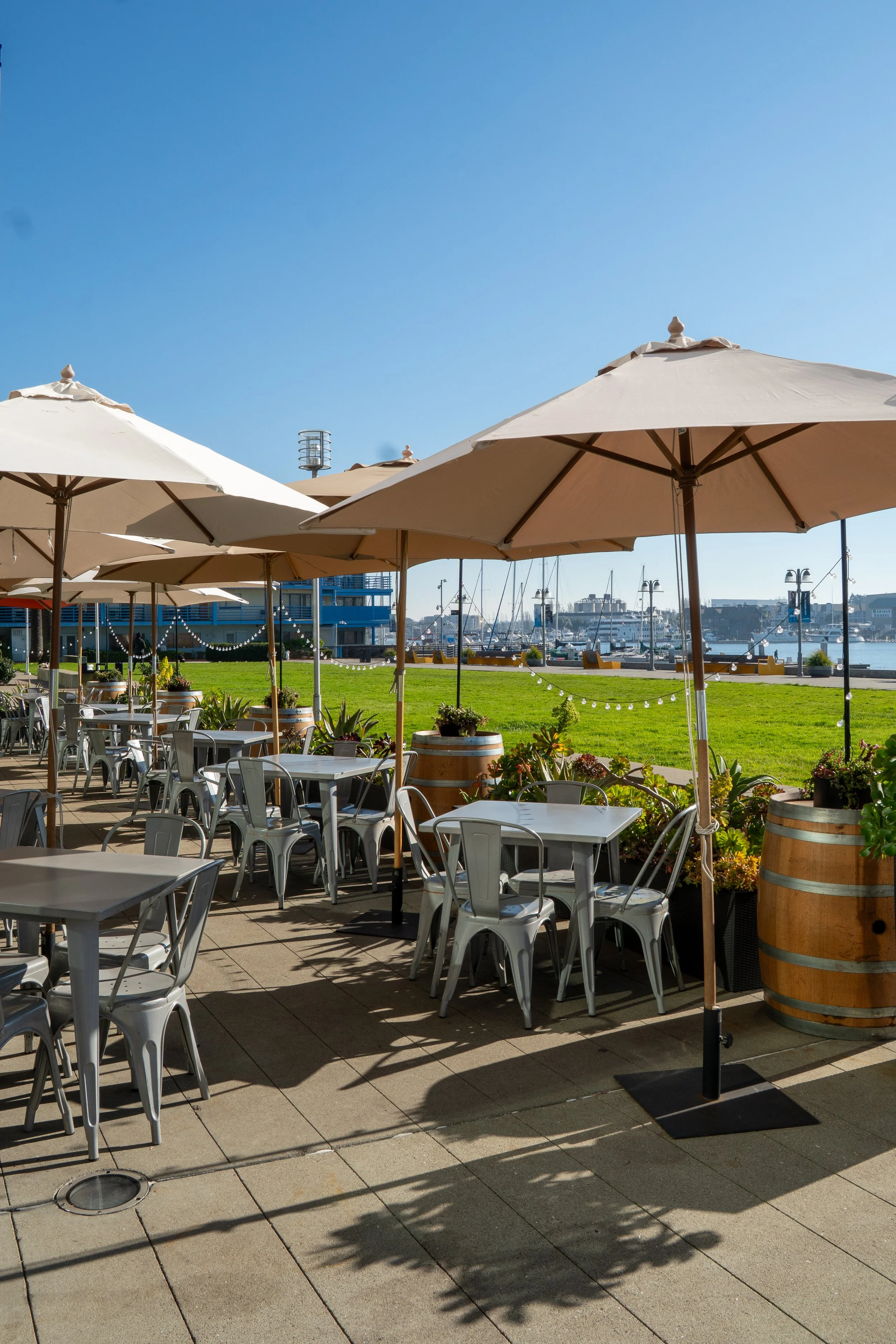 Outdoor patio with white tables and chairs, large beige umbrellas, potted plants, and a view of boats and marina in the background on a clear, sunny day.