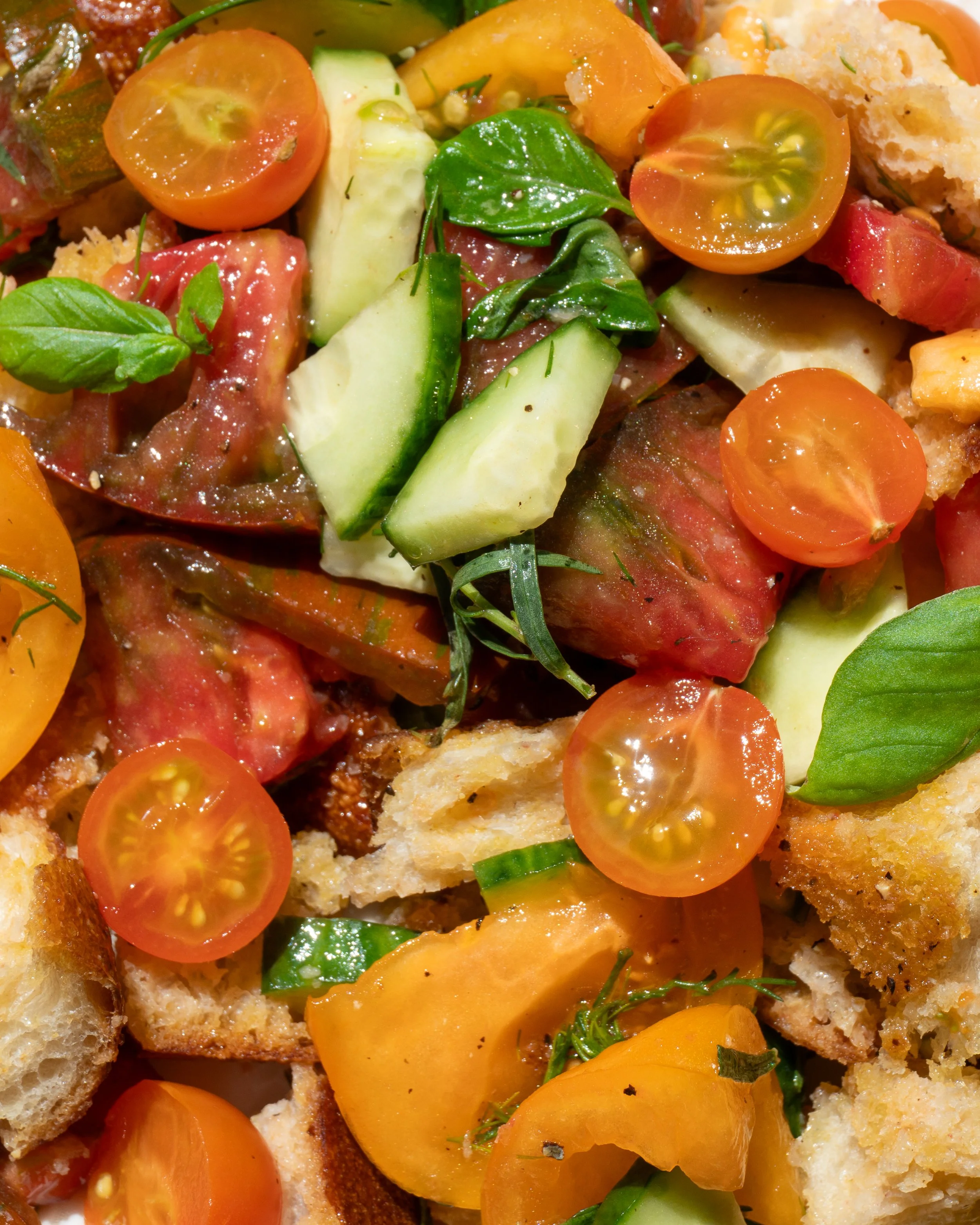 Close-up of fresh panzanella with cherry tomatoes, basil leaves, green onions, and a golden-brown crust.