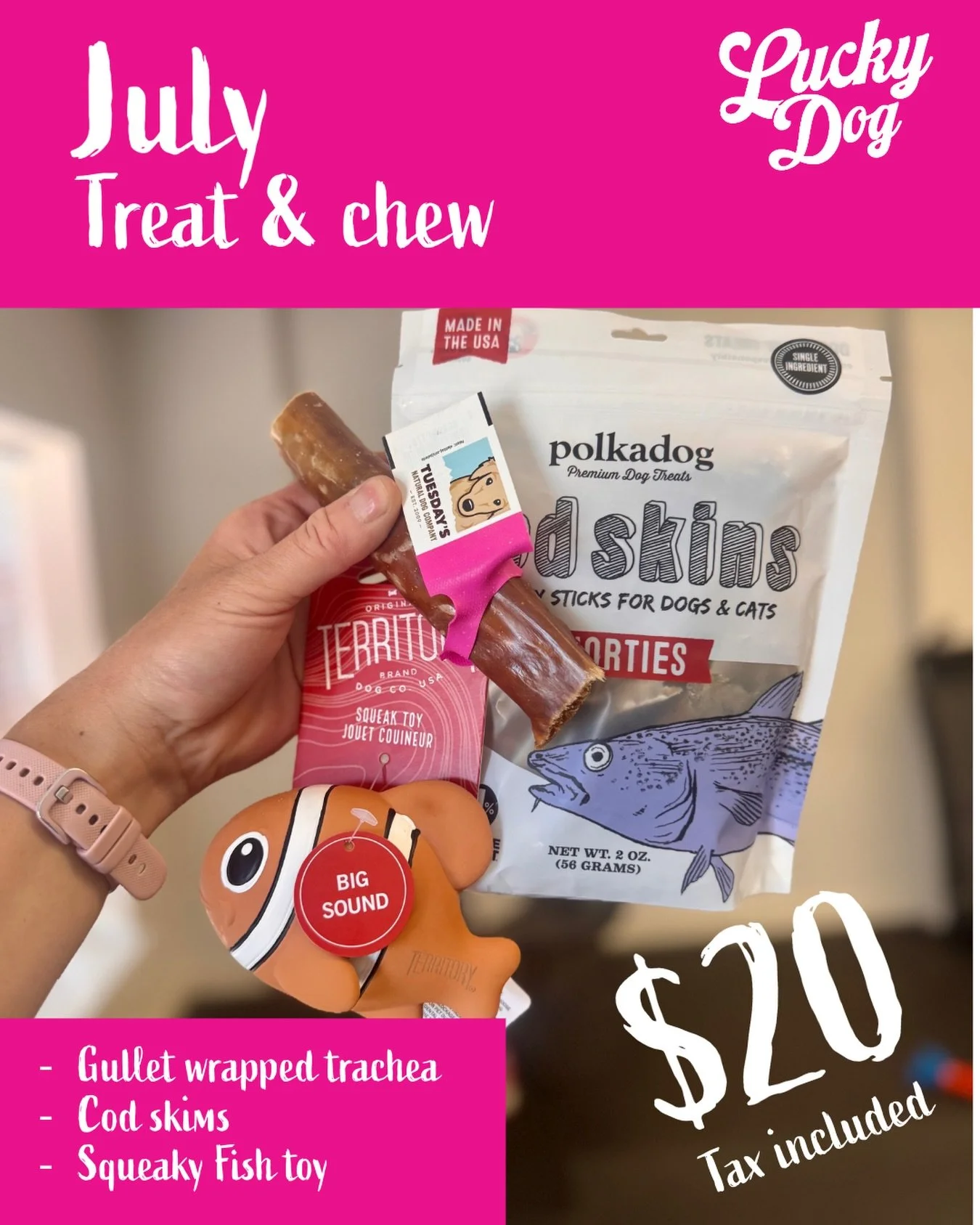 ⭐ July treat and chew is all about fish! ⭐

Polka Dog cod skins
Squeaky fish toy
Gullet-wrapped trachea 

Get one at the link in our bio