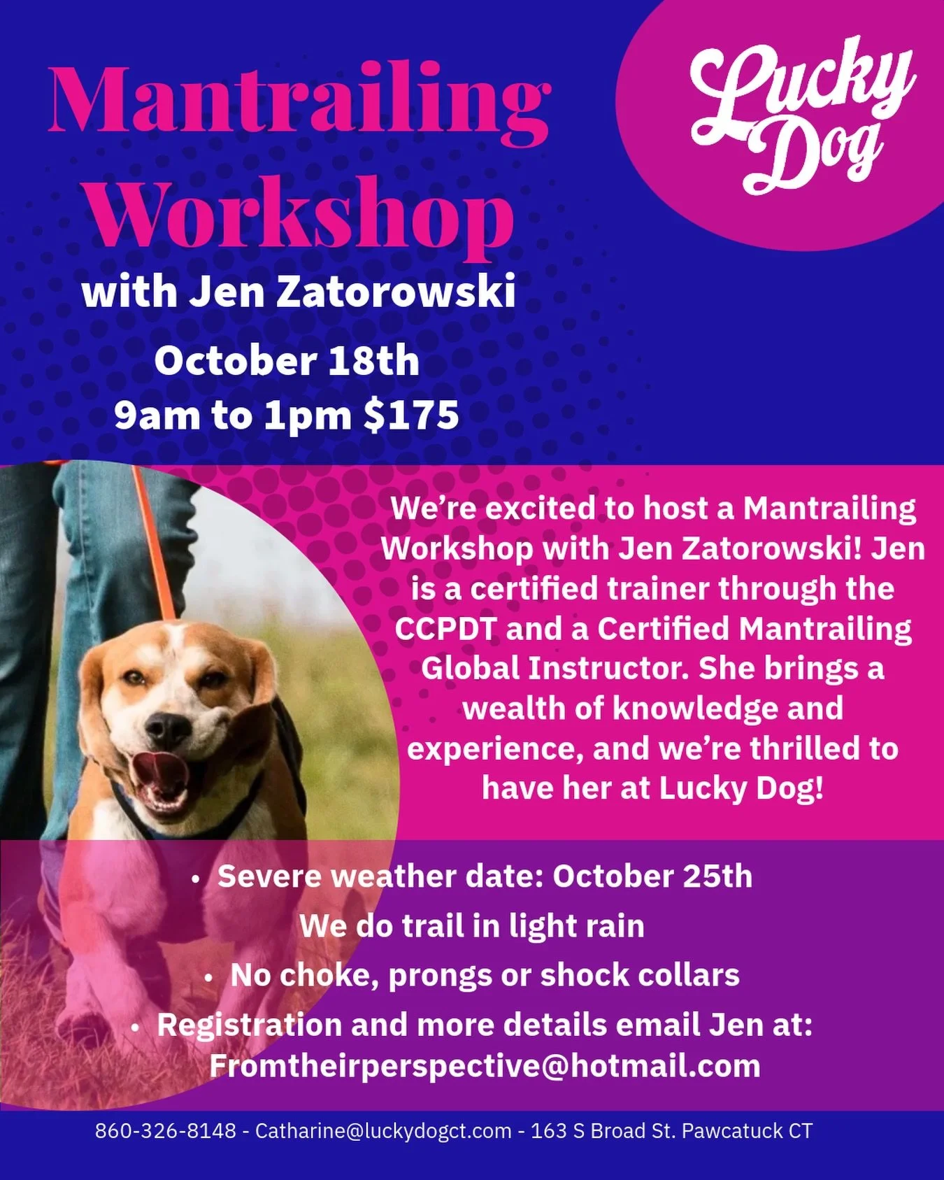 Mantrailing Workshop October 18th! 

What is mantrailing?
Mantrailing is a form of scent work where your dog uses their nose to follow the exact path a person has walked, step by step, until they find them. Think of it as reading footprints&mdash;but