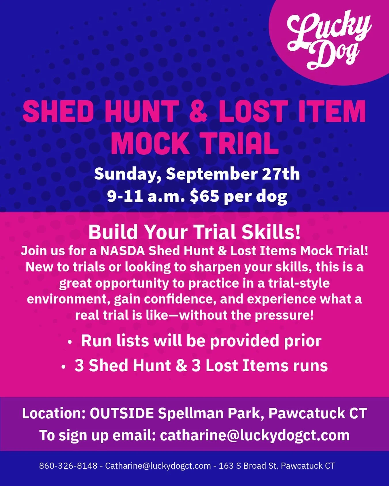 🐾 NASDA MOCK TRIAL! 🐾

Ready to test your skills in a real trial-style setting? Join us for a NASDA Shed Hunt &amp; Lost Items Mock Trial! 🏆

This is a great opportunity to:
Build confidence and trial skills
Practice in a realistic trial environme