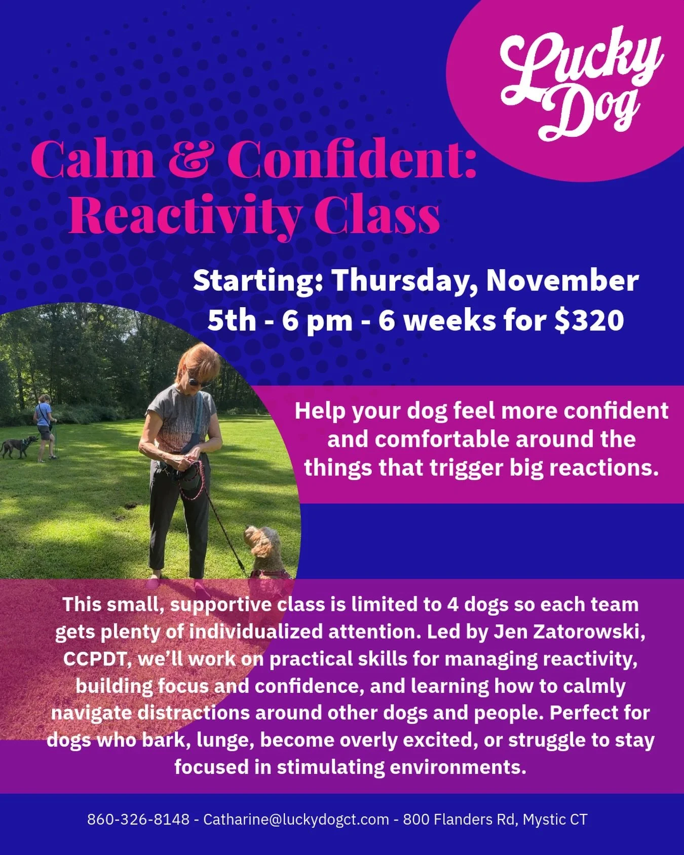 Another great class starting on Thursdays in November. Only two spots remaining.

If your dog experiences big feelings, this is an excellent class to practice skills and learn how to set them up for success!