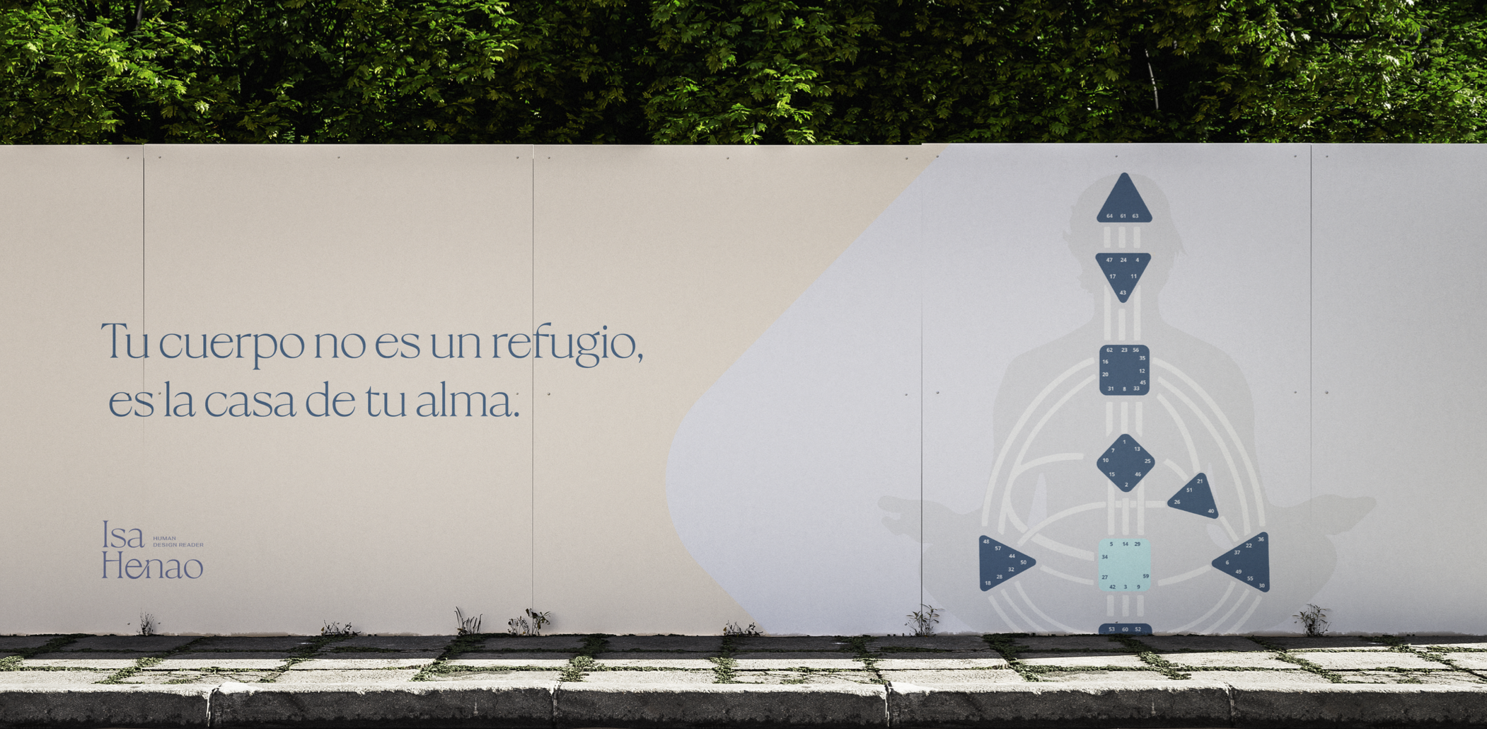 Mural "Tu cuerpo no es un refugio, es la casa de tu alma" con un gráfico de figura humana en tonos grises y azules. Hay vegetación en el fondo.