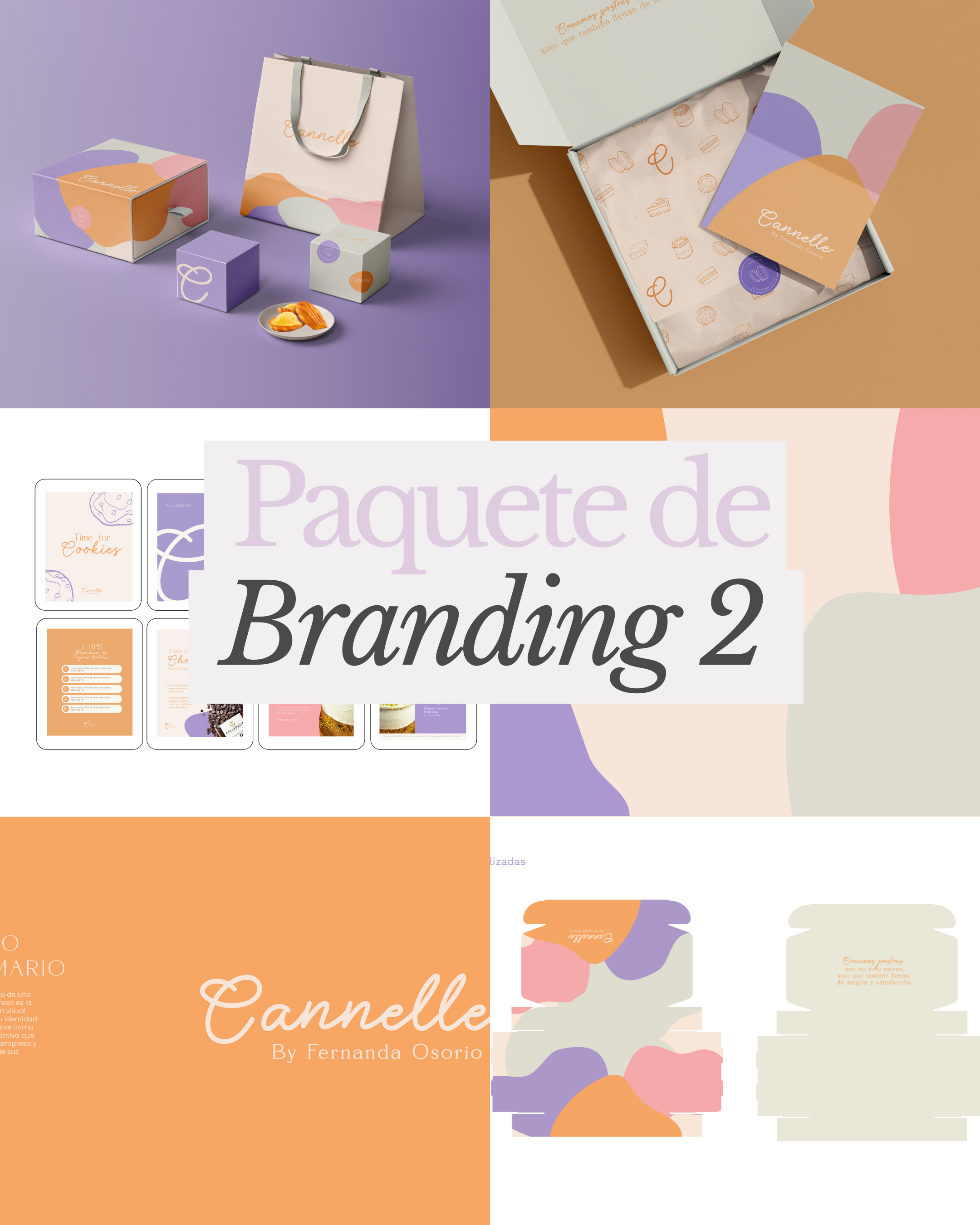 Diseño de paquete de branding "Cannelle" con varias cajas y tarjetas en colores pastel. Incluye una bolsa y un folleto con patrones suaves. Texto central "Paquete de Branding 2".