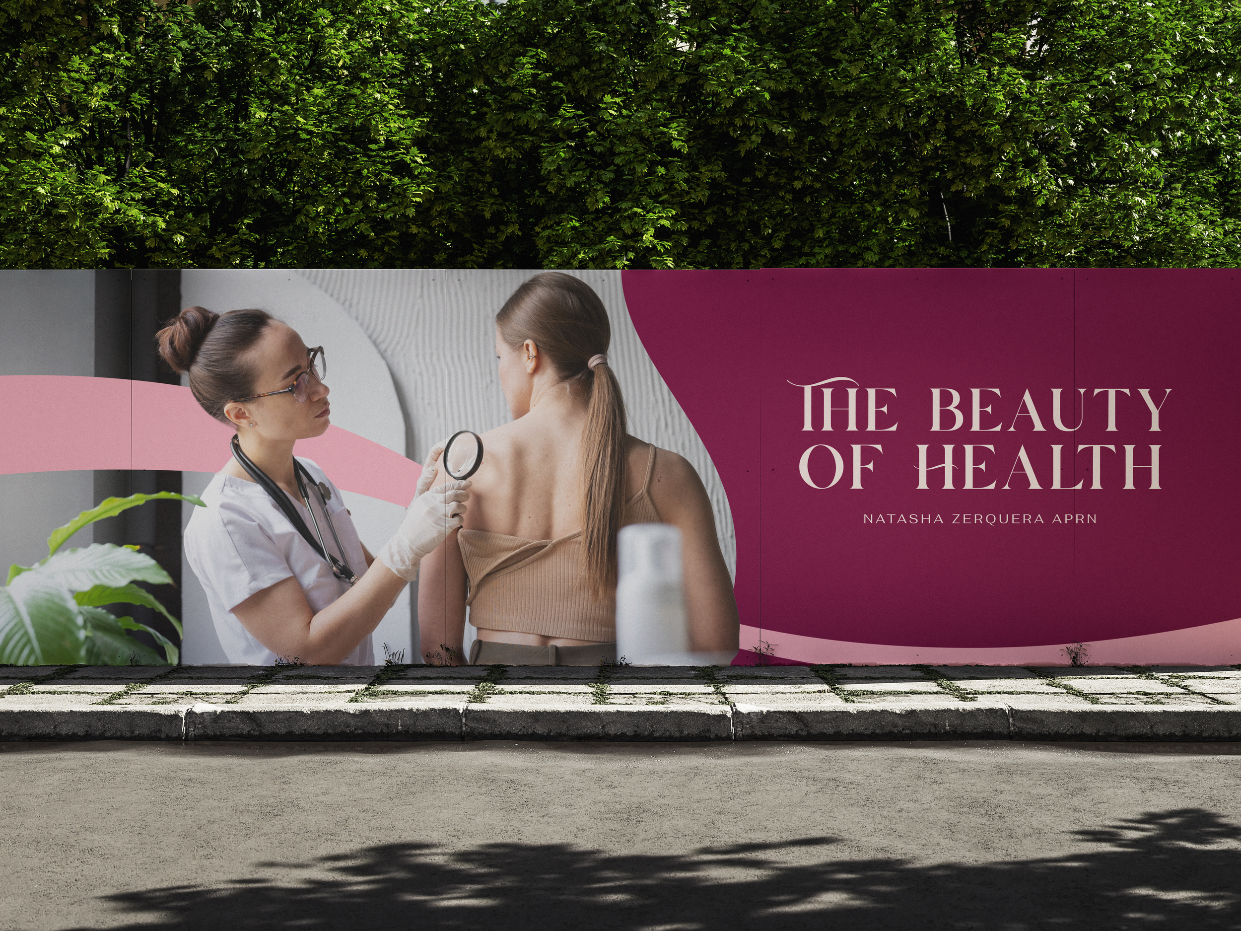 Cartel publicitario de una profesional de la salud examinando la piel de una mujer con una lupa, acompañado del texto "The Beauty of Health" y un fondo colorido.
