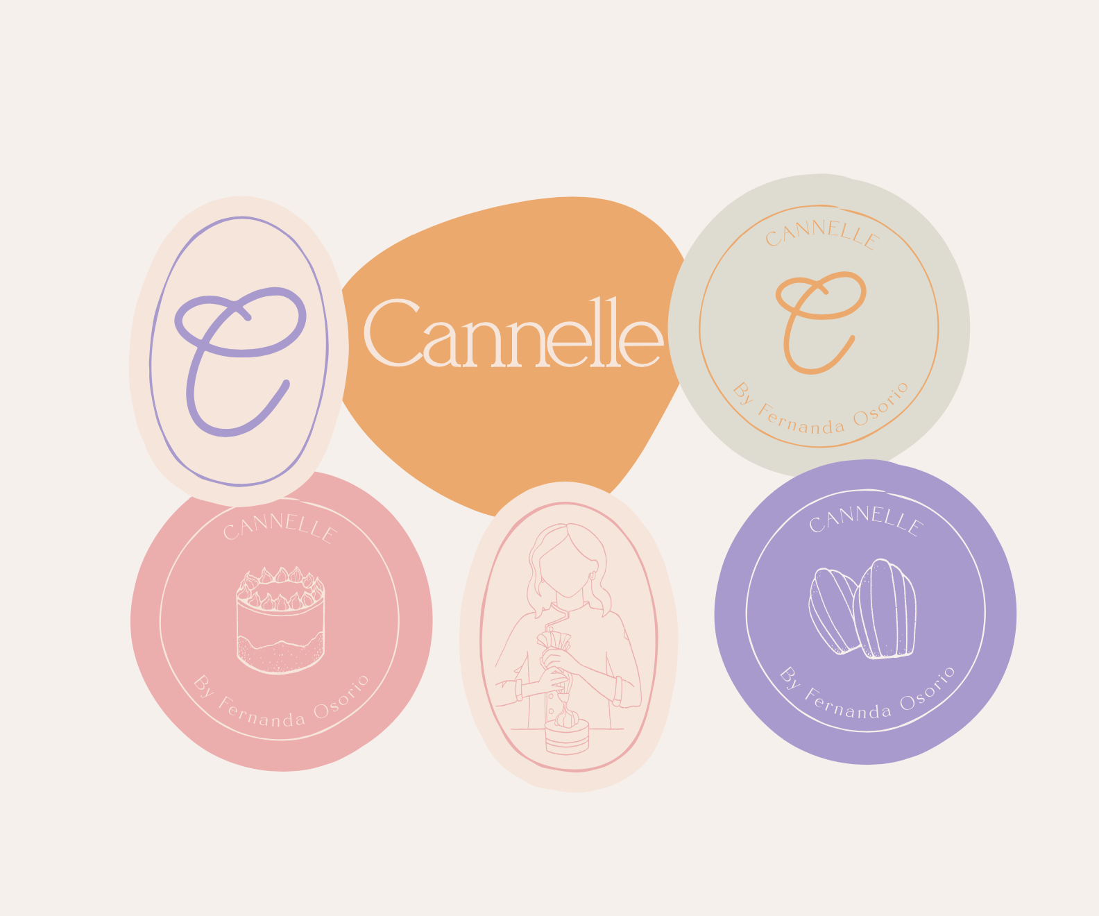 Diseño gráfico de logotipo "Cannelle" con ilustraciones de repostería y una persona decorando un pastel. Incluye cuatro círculos con diferentes motivos y colores pastel: un monograma "C", un pastel, una persona decorando, y dos magdalenas. Texto "By Fernanda Osorio".