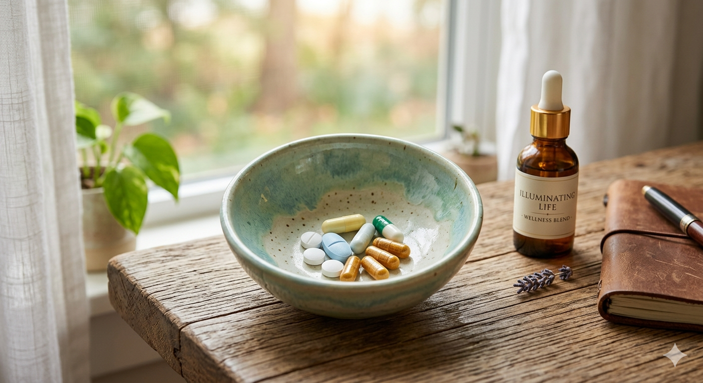Close-up of organized psychiatric medications and wellness supplements in a seafoam green bowl on a rustic wooden desk at Illuminating Life Behavioral Health.