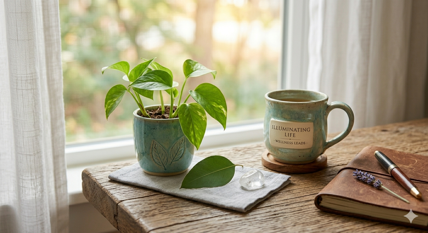 A close-up photograph of a thriving Pothos plan and an organic eucalyptus leaf resting on a rustic wooden desk, with soft daylight filtering through white linen curtains at Illuminating Life Behavioral Health, a whole-person psychiatric and wellness.