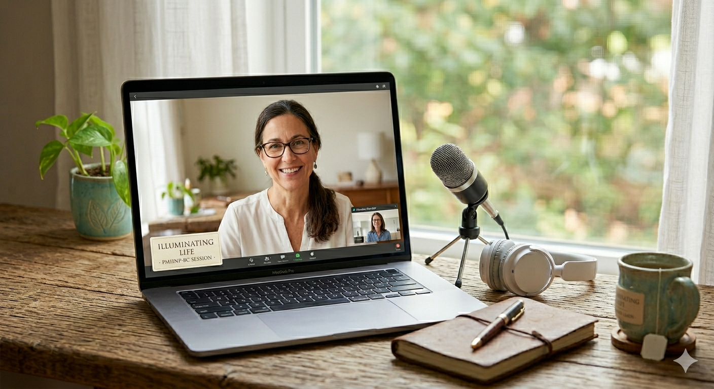 Close-up of a silver MacBook Pro on a wooden desk displaying a smiling female PMHNP-BC providing a secure telehealth session at Illuminating Life Behavioral Health