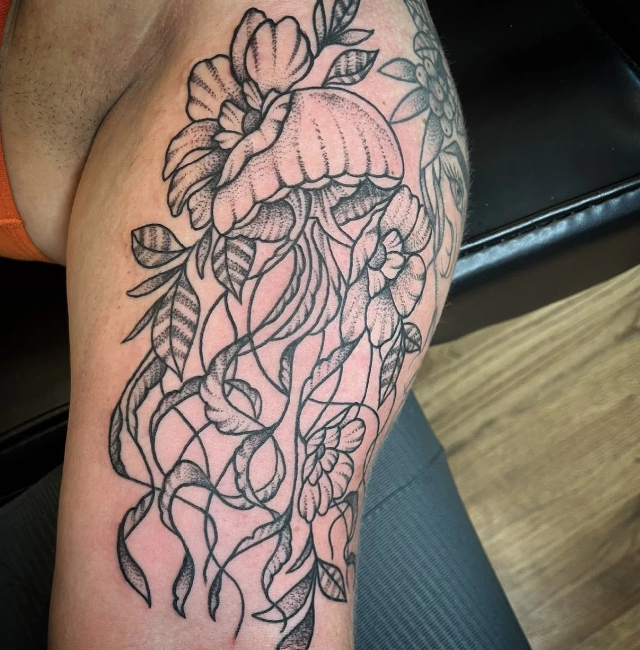 jelly fish blackwork tattoo sleeve for women by Jocelyn Groff