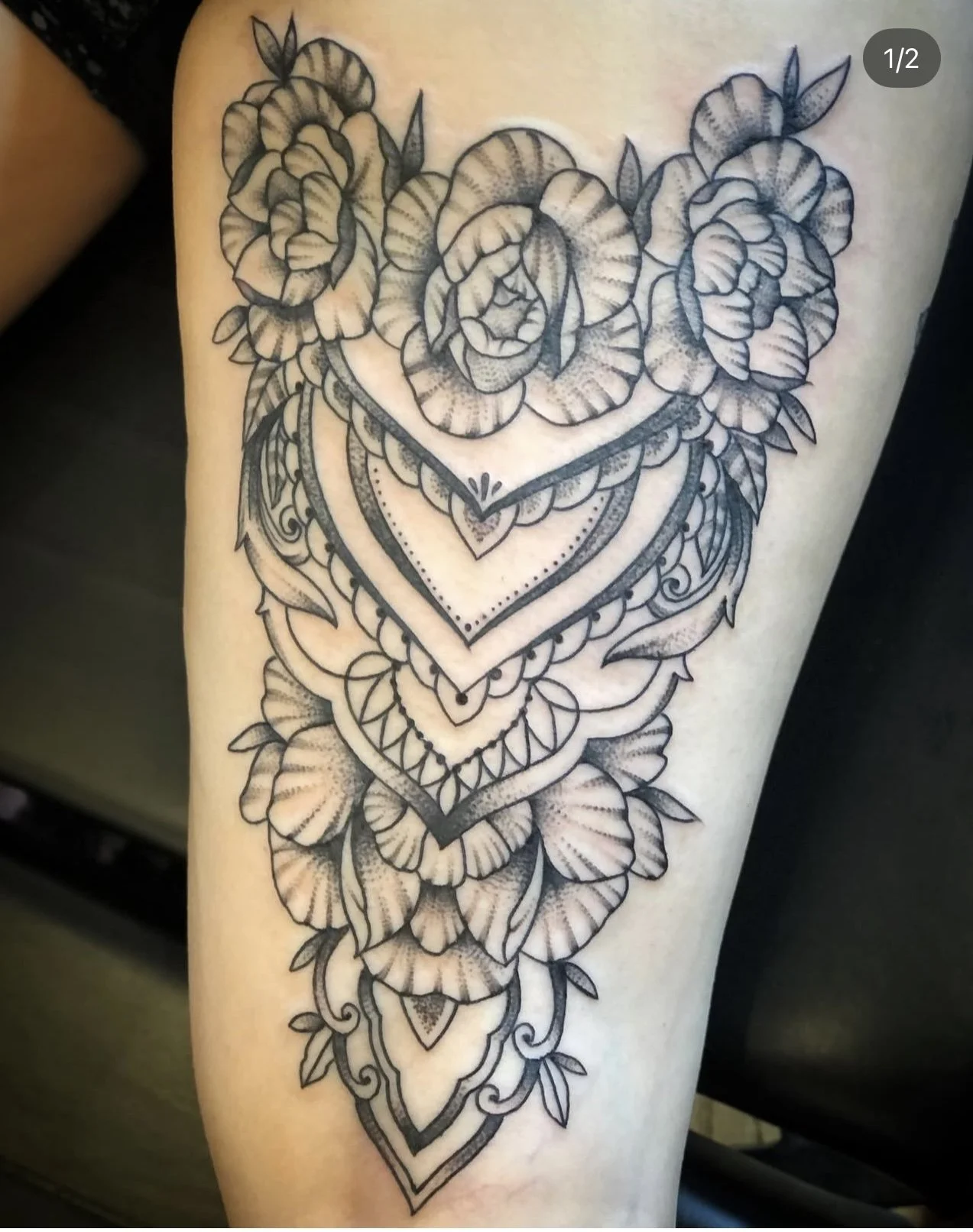Tattoo trends 2025 floral blackwork thigh piece Jocelyn Groff