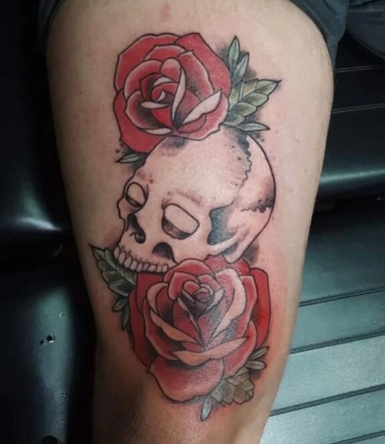 traditional neotraditional tattoos for men skull and roses leg