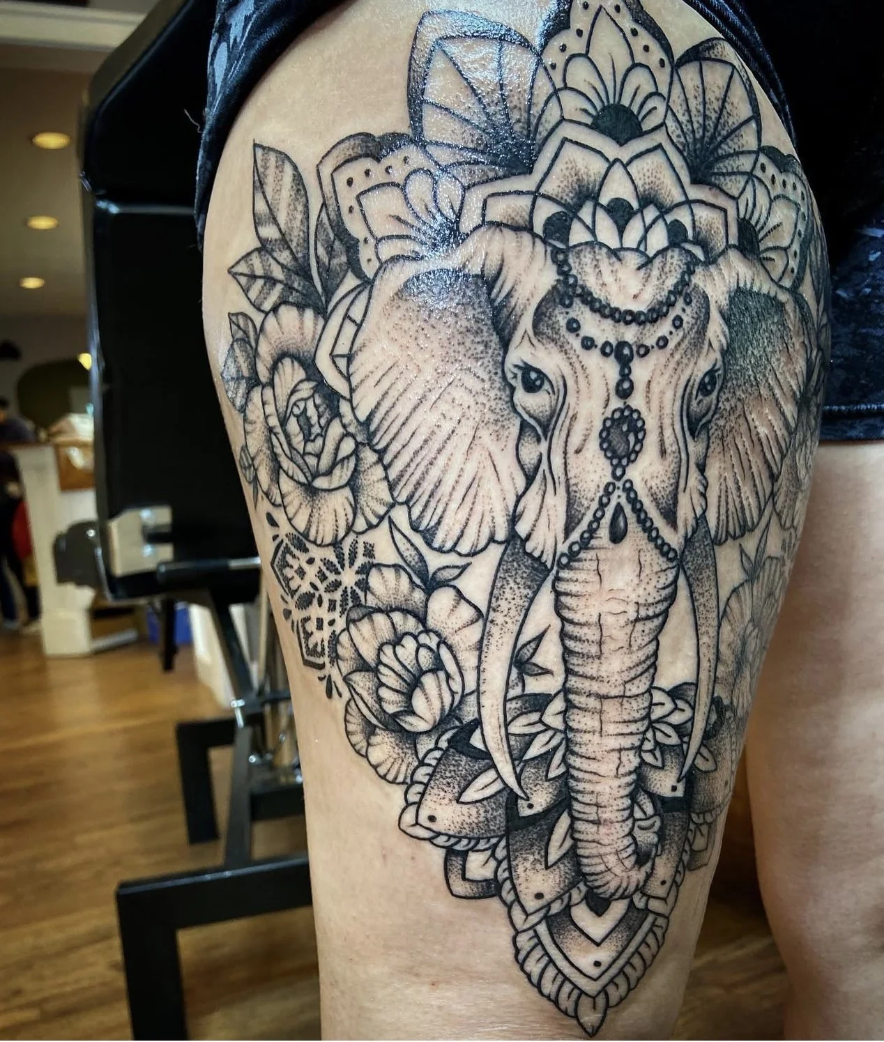 Large black and grey thigh tattoo elephant floral mandala near me Rensselaer New York Jocelyn Groff