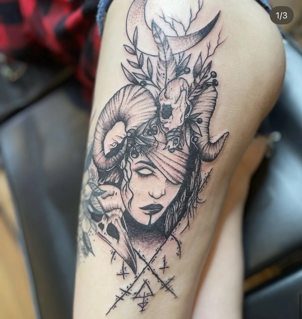 custom witchy womens tattoo on thigh near Albany New York