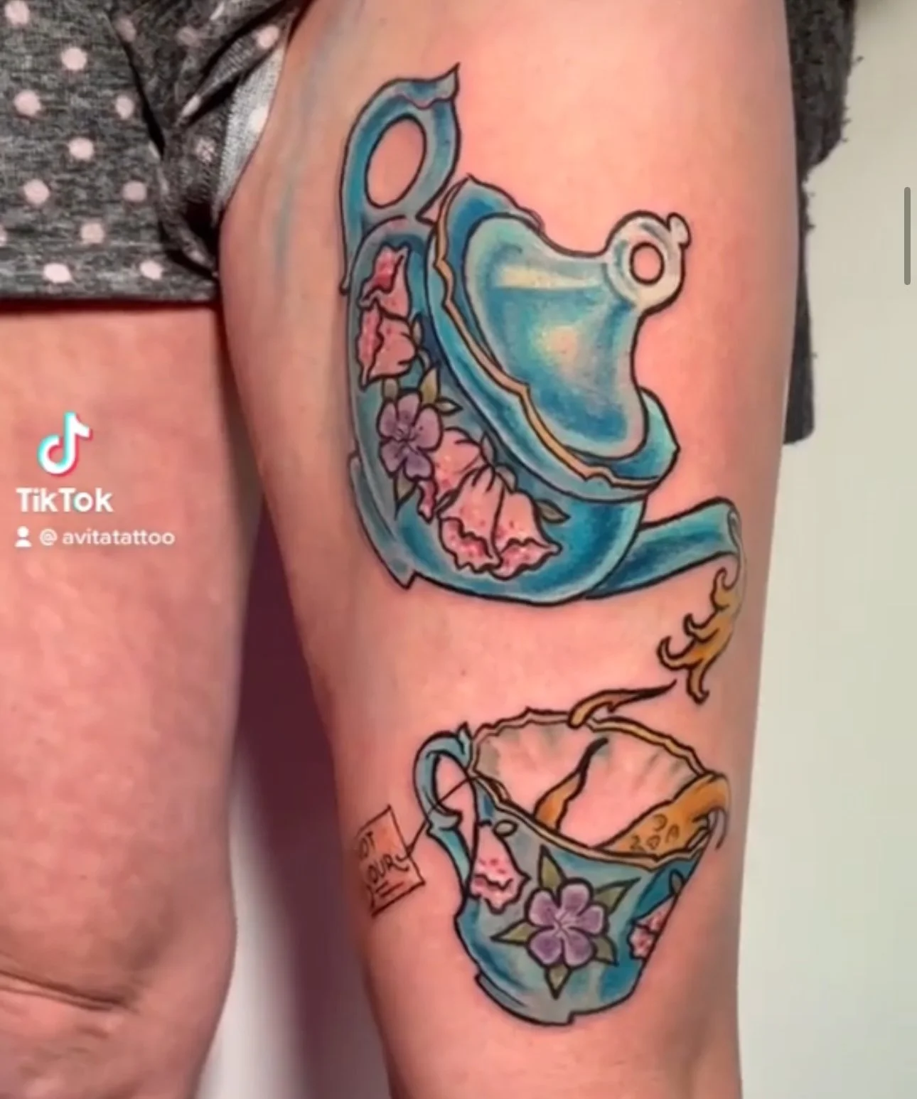 full custom color illustrated thigh tattoo Albany New Yorl