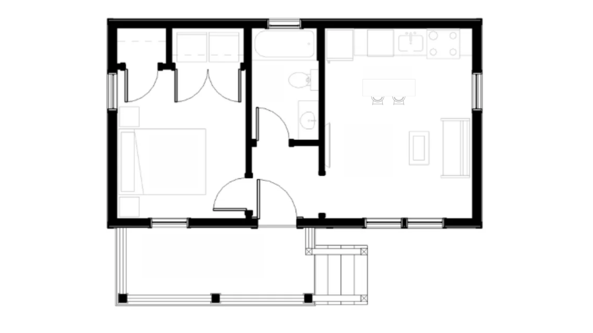 Black and white floor plan of a small house with a bedroom, bathroom, kitchen, living area, and porch.