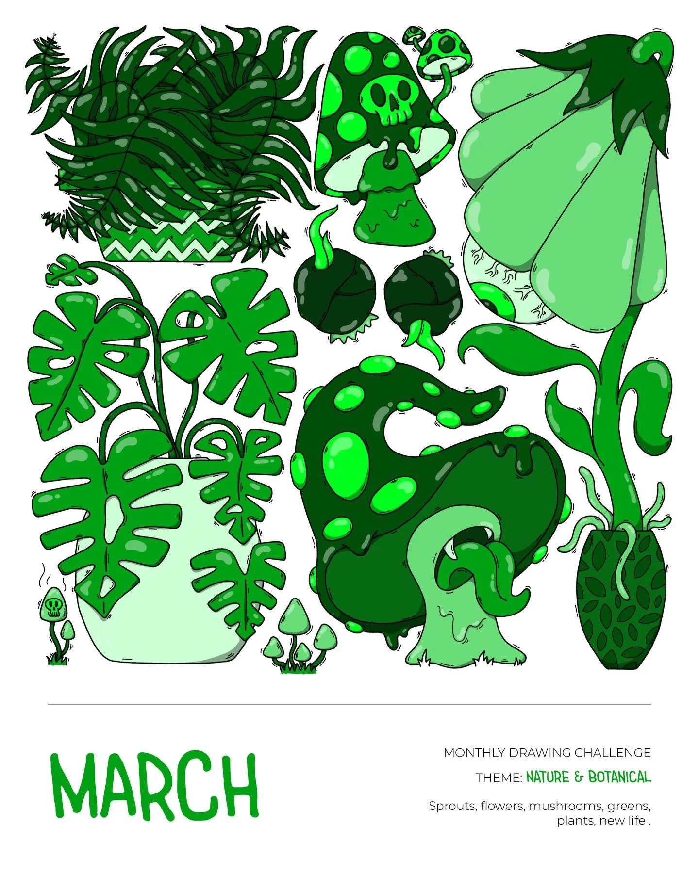As we are now in April I&rsquo;m happy to share March&rsquo;s illustration! 

Super fun one full of greenery, growth and freshness. 

#spring #springillustration #newgrowth #digitalart #monthlydrawingchallenge