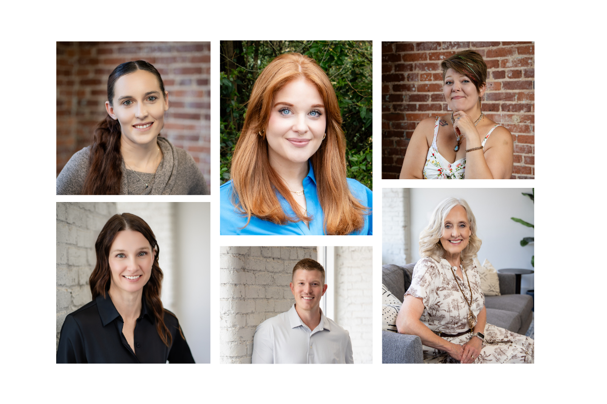 Behind-the-scenes of a headshot session capturing a client smiling naturally.