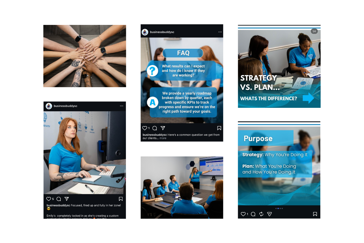 A collage of images showing various uses of branding photos, from social media posts to website integration.