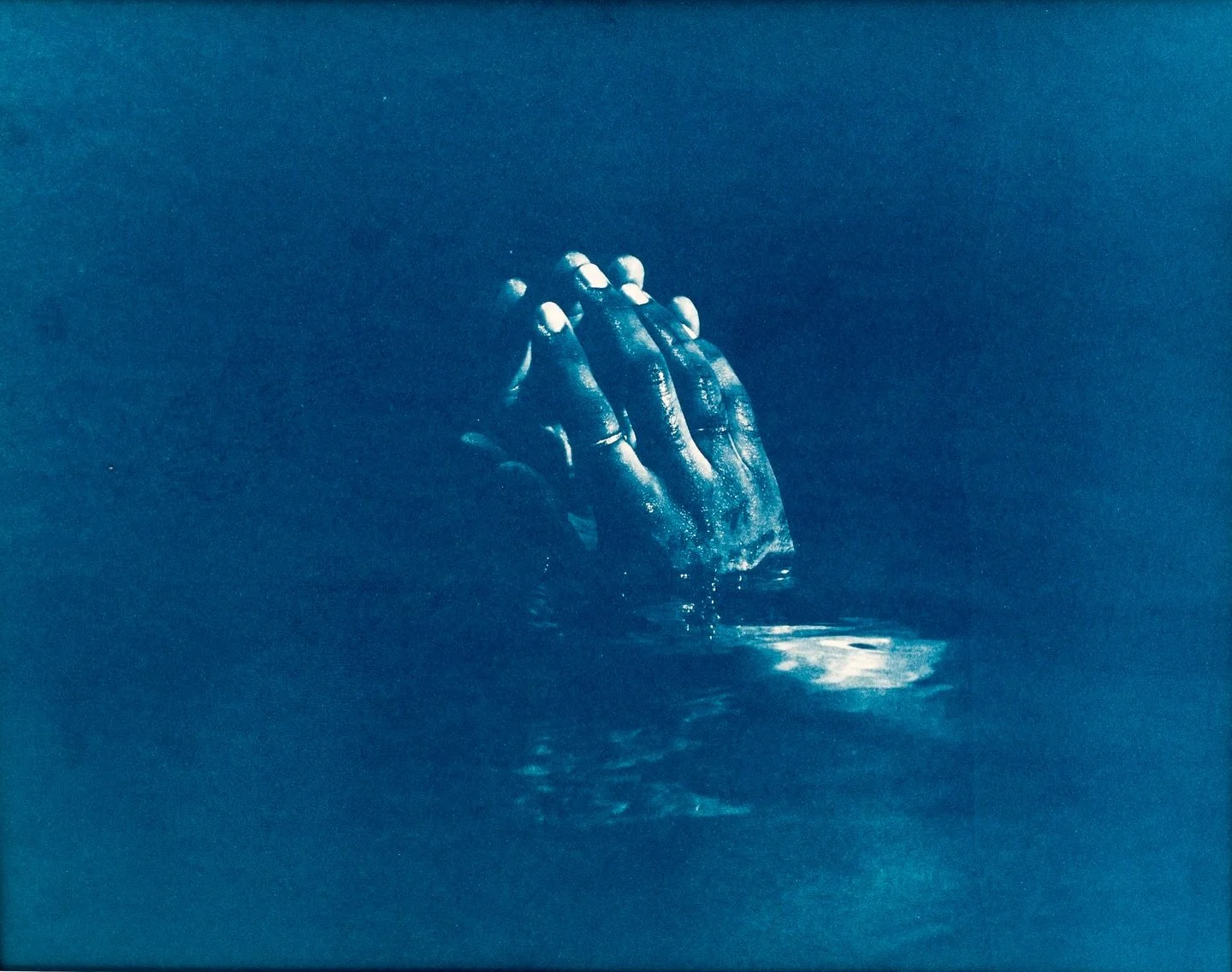Manos negras se entrelazan, 
saliendo del agua, 
adornadas con joyas, 
brillan bajo la luz intensa, 
como un rezo, 
como una s&uacute;plica a lo sagrado. 

Cianotipo sobre papel Fabriano 
27 x 35 cm
2024

#cyanotype #cyanotypes #cyano #cianotipia
#cy