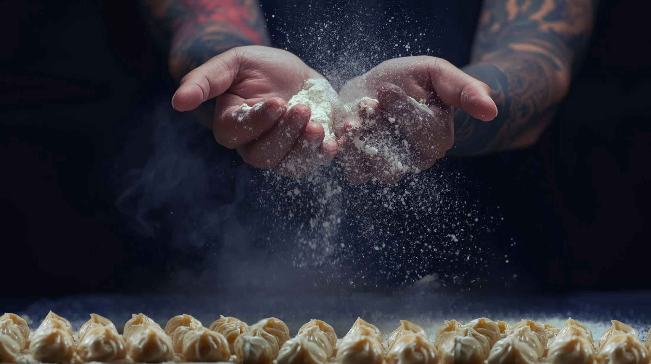 Twee tatoeages bedekte armen die met bloemstukken werken, bloemwortels op tafel, eerste ontvangst van bloem voor het maken van dumplings of opgevulde gerechten.