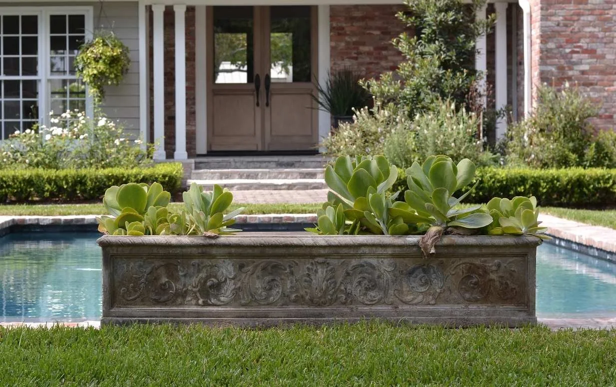 Stone planter with green succulents by a pool, house in background.