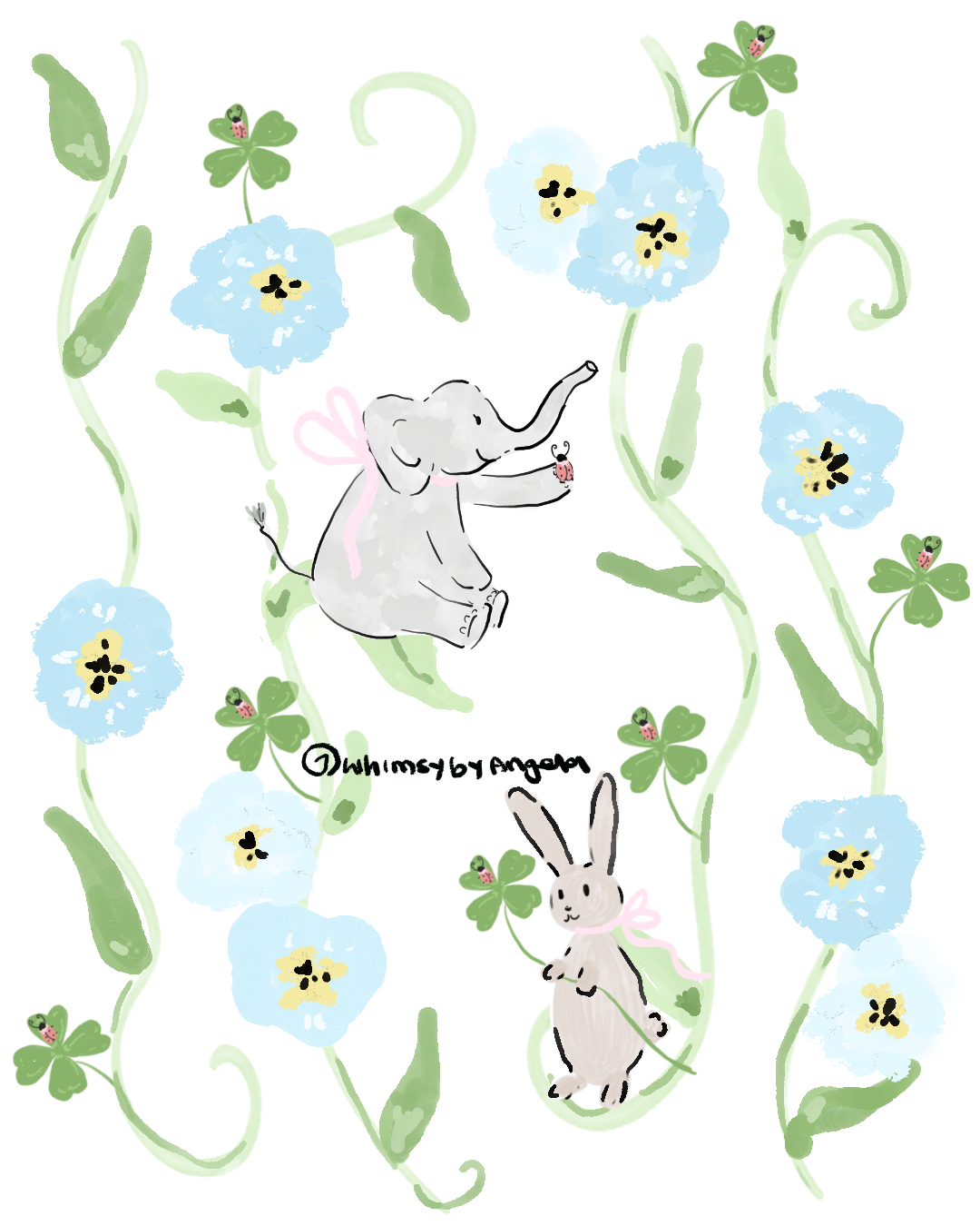 Four Leaf Clovers and Blue Flowers