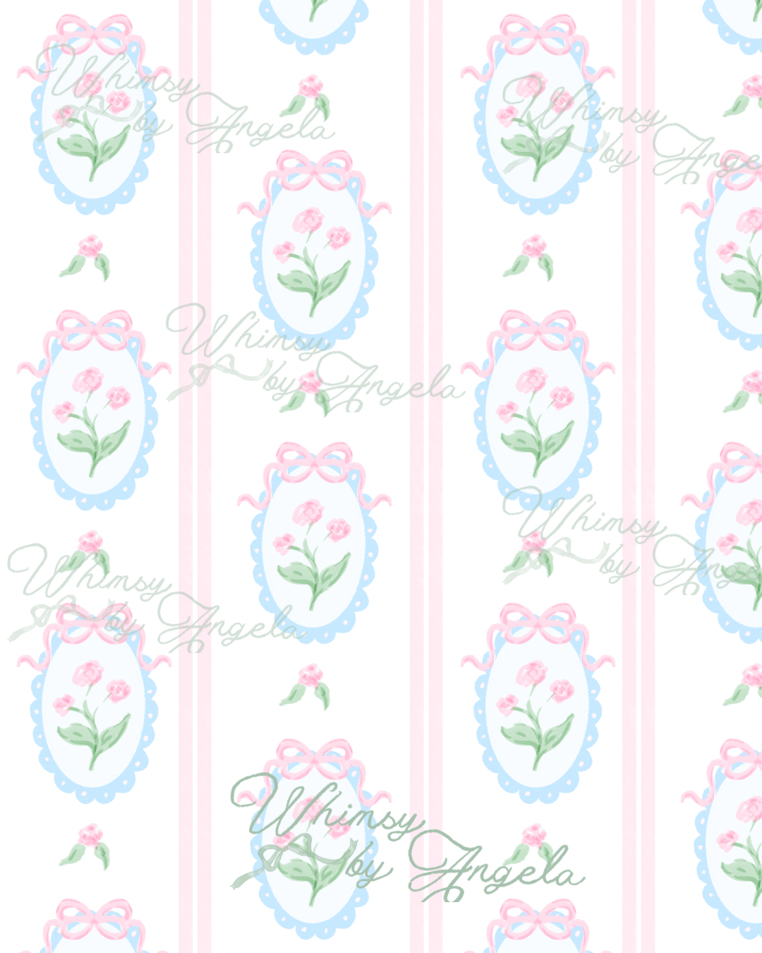 Pink Ribbon Blue Scalloped Pink Floral