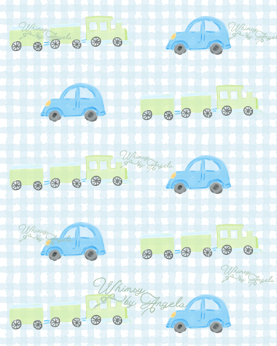 Gingham Cars and Trains- Seamless Pattern