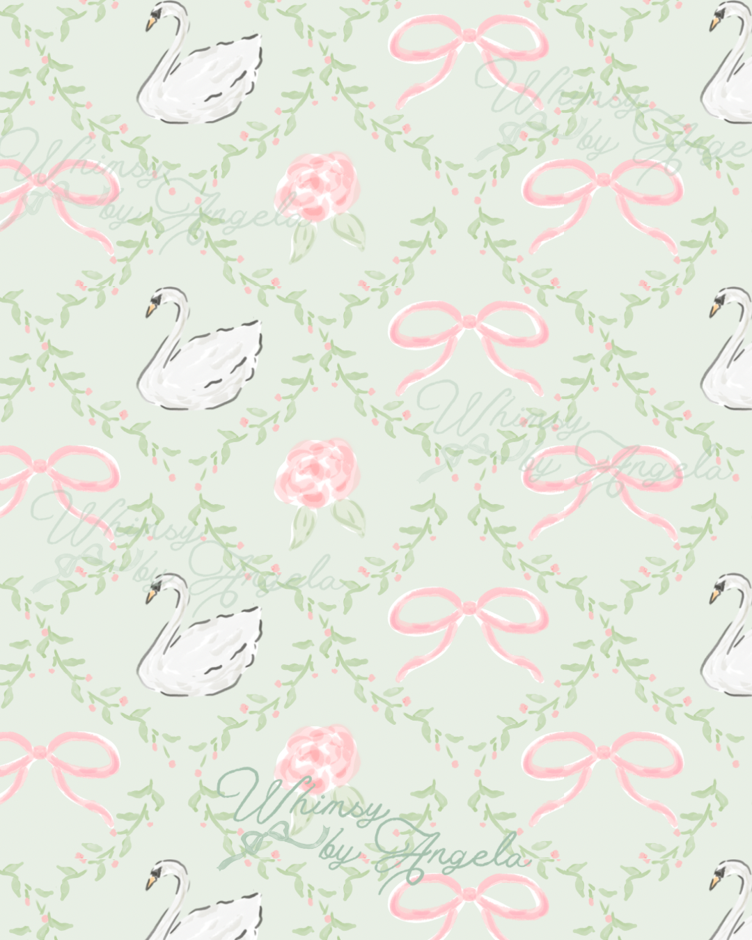 Swans and Bows in Green - Seamless Pattern