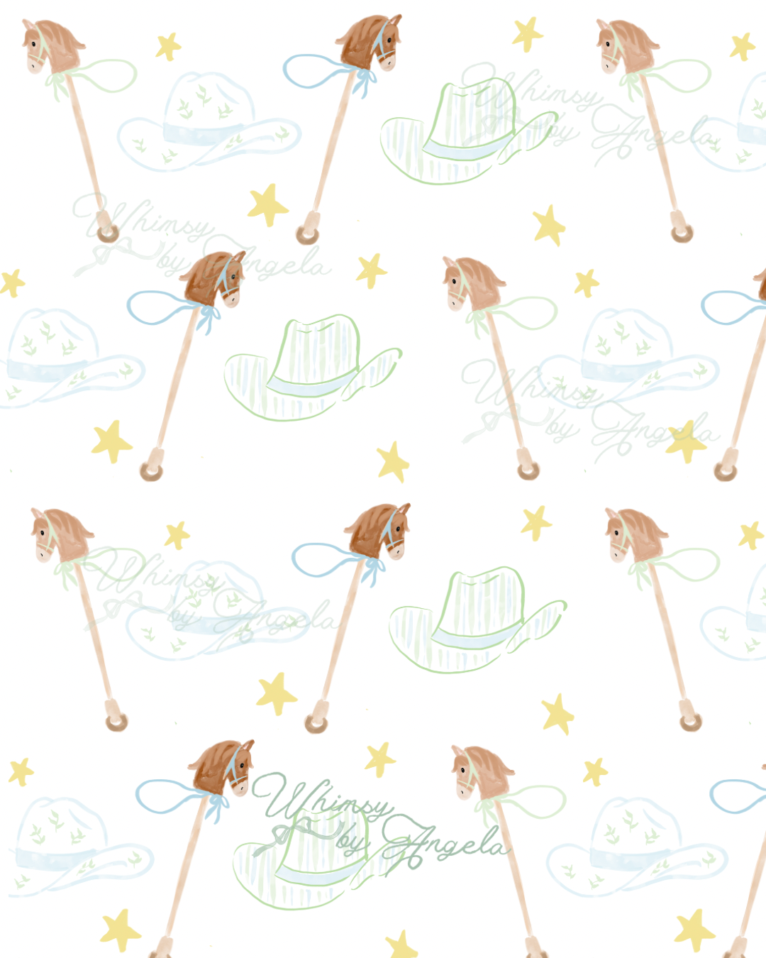 Hobby Horse Cowboy Green and Blue - Seamless Pattern