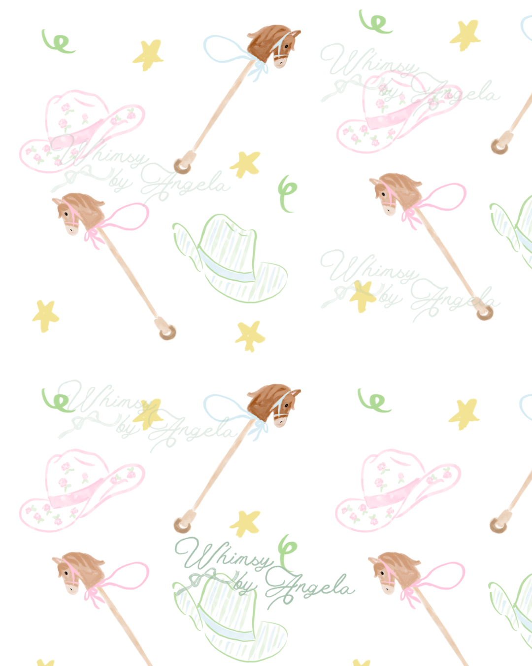 Hobby Horse Pink and Green Whimsy - Seamless Pattern