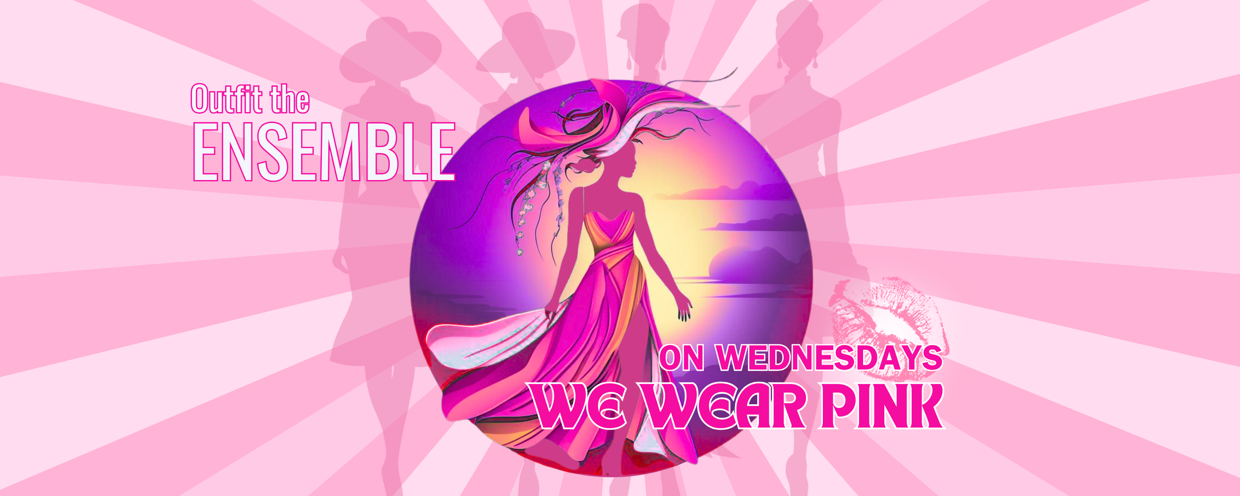 Pink-themed promotional graphic with a female figure in a pink dress, text that reads "Outfit the Enclave on Wednesdays, We Wear Pink," a lipstick kiss mark, and silhouettes of women in the background.
