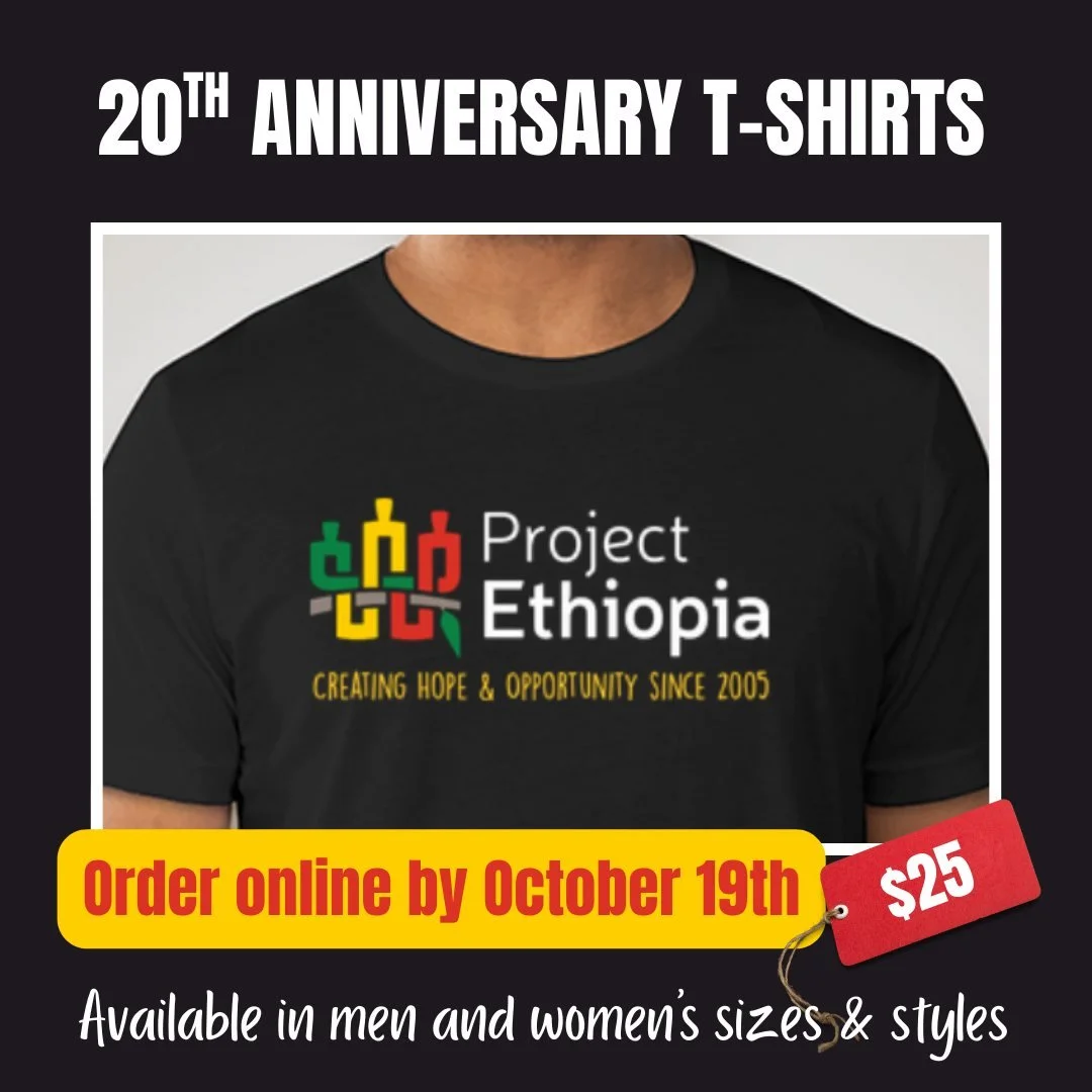 Spark a conversation, honor our legacy, and help spread the word about Project Ethiopia when you wear this special edition 20th Anniversary t-shirt! Orders can be placed through October 19th to be picked up in Seattle or shipped to your home. All pro