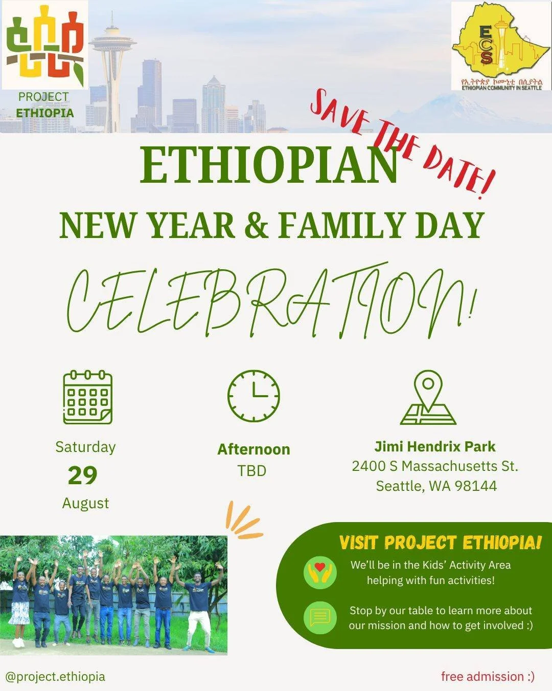 Join us for an afternoon celebrating  Ethiopian New Year with music, food, family fun, local vendors, and community at Jimi Hendrix Park 🇪🇹 ✨

Project Ethiopia will be hosting activities in the Kids' Area and sharing more about our work at our comm