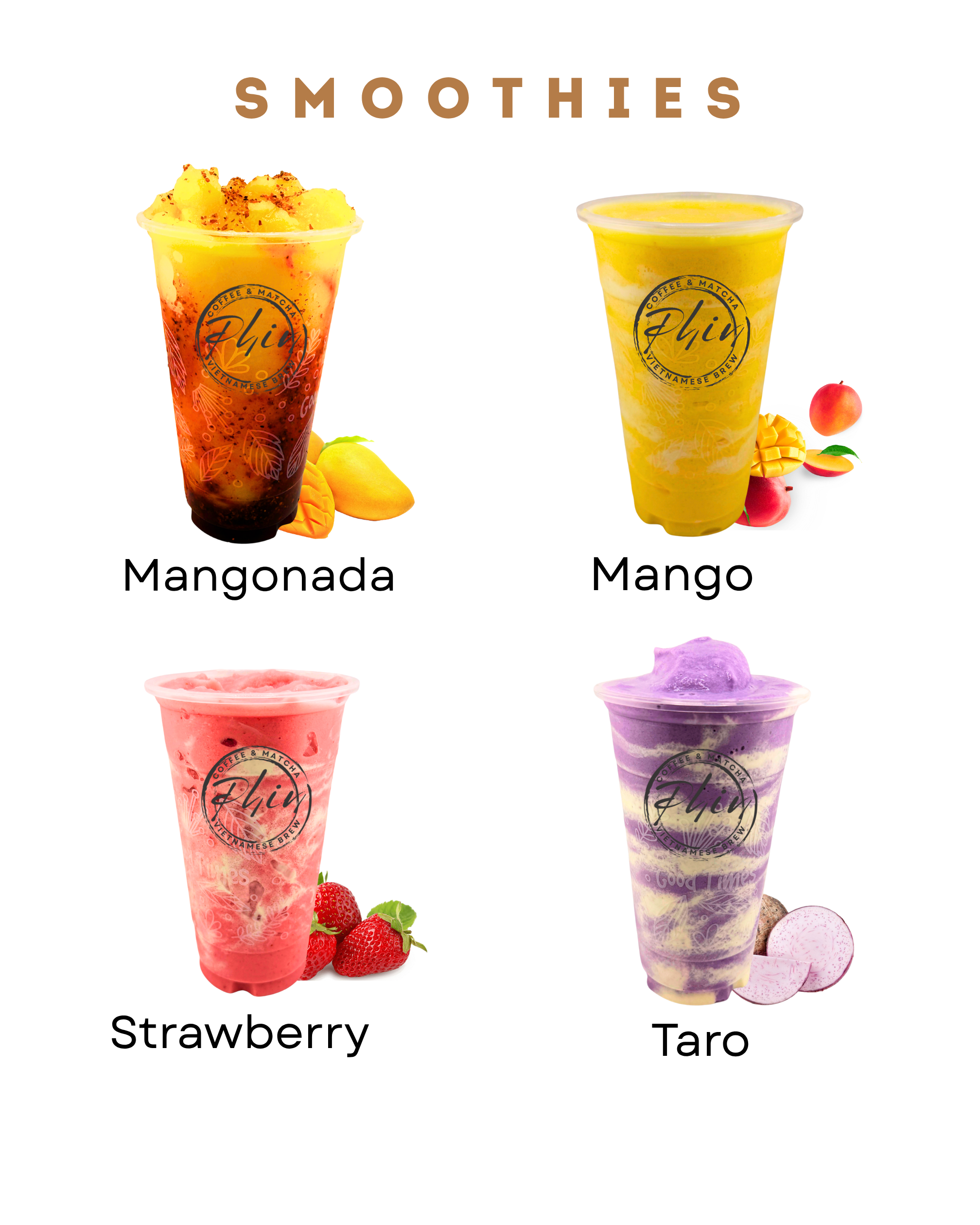 Four colorful drinks with fruit ingredients and branding, including a red strawberry smoothie, a yellow mango or passion fruit drink, a pink strawberry beverage, and a purple taro-flavored drink, each with various fruit decorations, placed against a white background.
