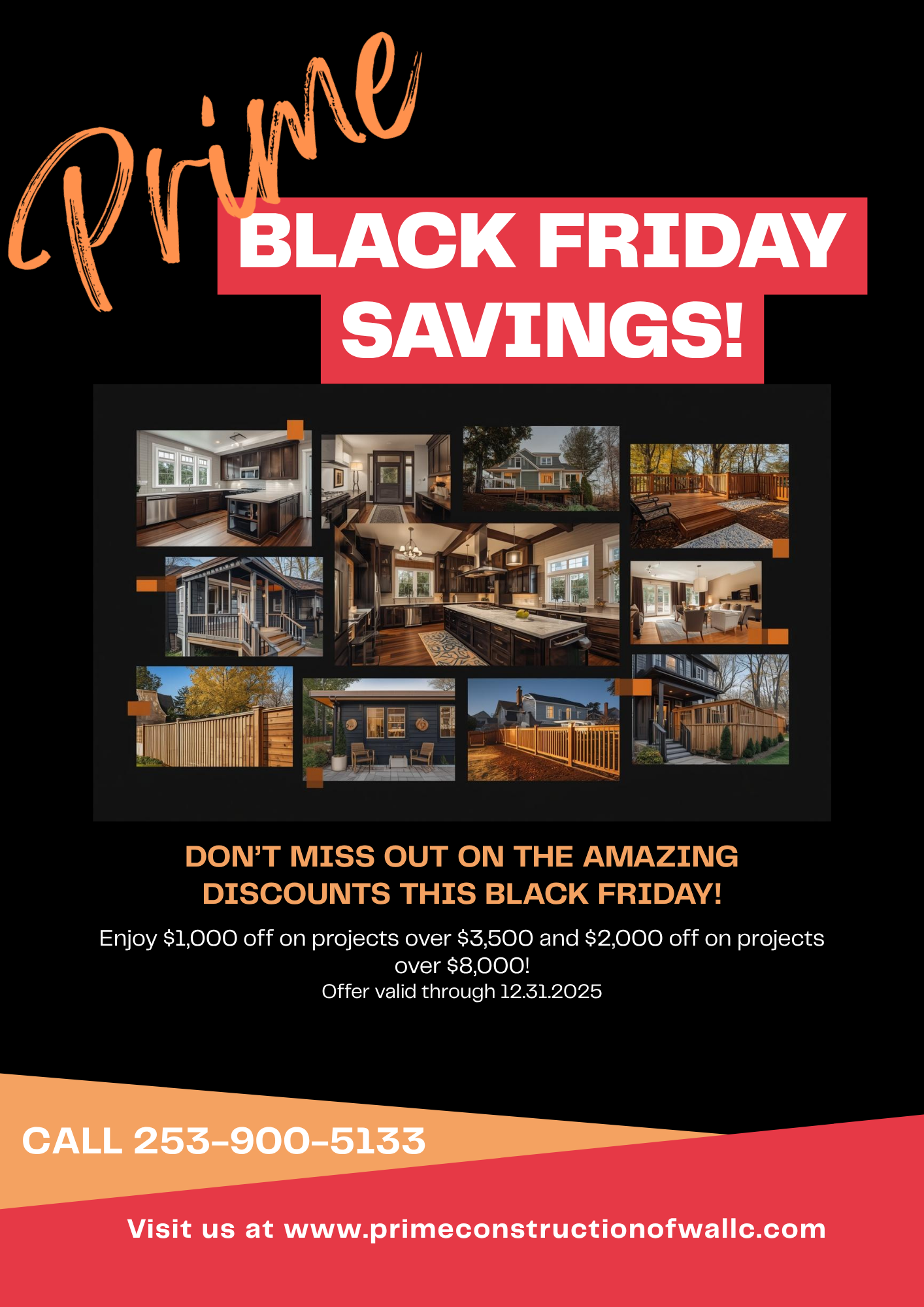 Black Friday construction savings featuring decking, remodeling, fencing, and framing projects by Prime Construction of Washington.