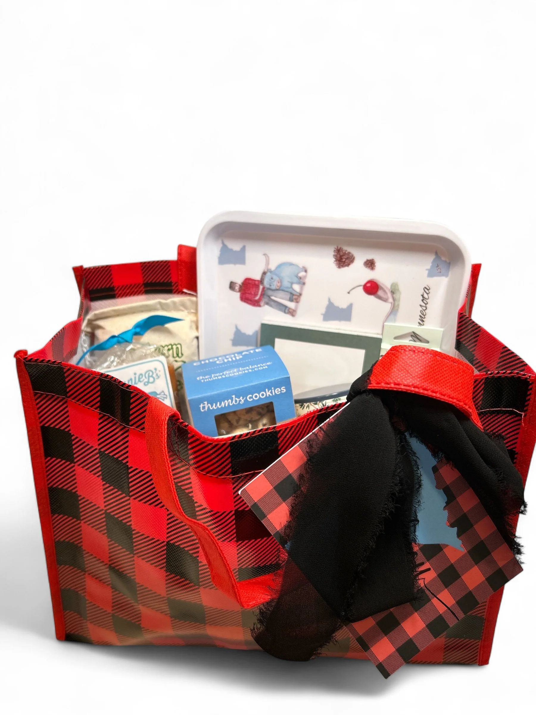 buffalo check tote bag with local Minnesota goods inside.