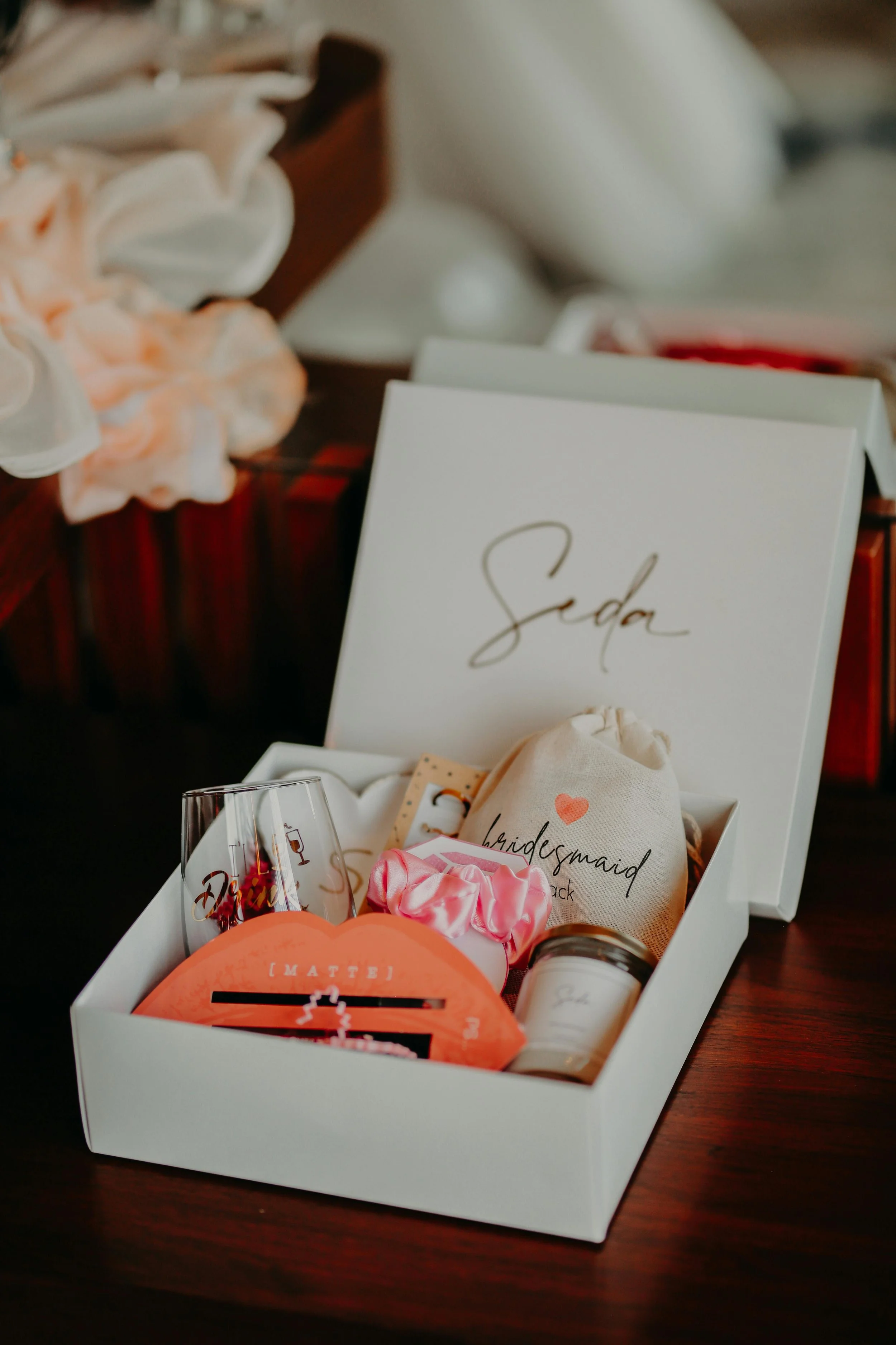 Bridesmaid Gift Box with Wine Glass, Candle and Hair Scrunchie.