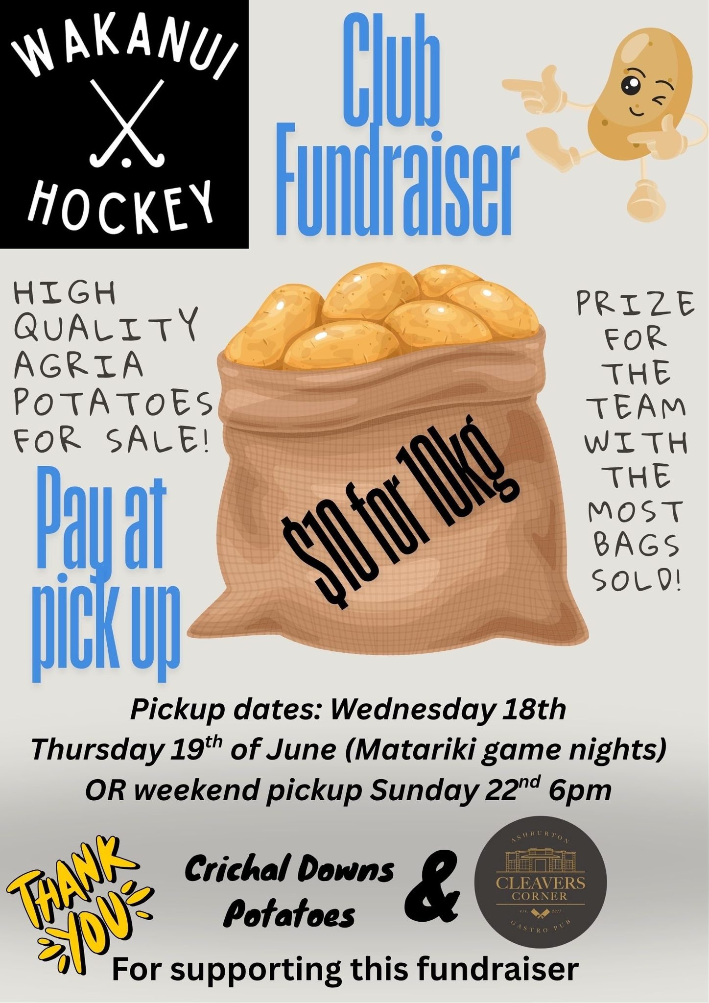 Along with the Ashburton College 1st XI Boys selling sausages at the turf this Wednesday and Thursday, Wakanui Hockey are also running their club fundraiser. So if you are in need of some spuds for winter head down to the Elizabeth Street entrance b