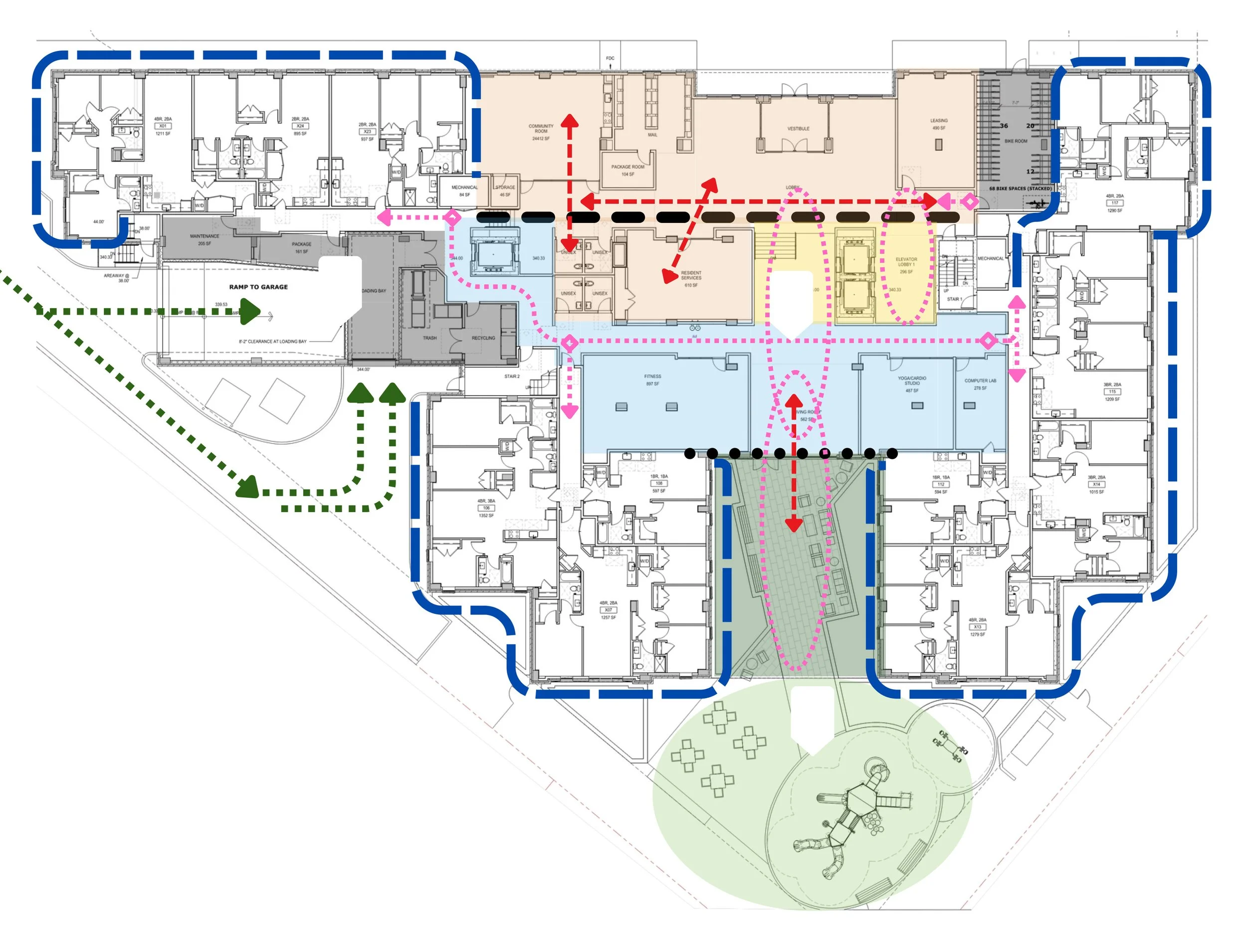 The user experience of Tevis Place was essential to its design, and McClennan Architects focuses heavily on maximizing safety, privacy, and overall enjoyment. Distributing ammentities and safe access points for residents.